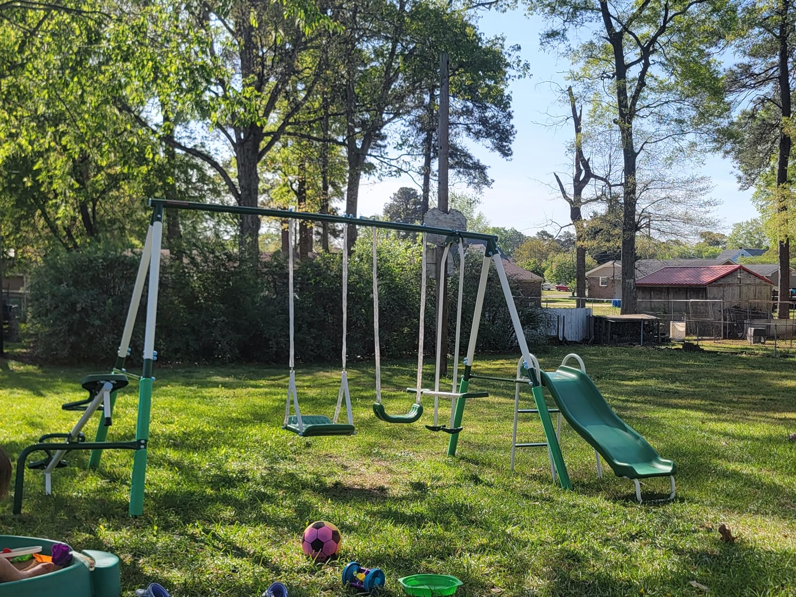 Sportspower Park Ridge Metal Swing Set for Ages 3-8, 2 Swings, Standing Swing, Roman Glider, Teeter Totter, on 5ft Slide, 6.1ft Durable Steel Frame, Anchor Kit, 800lbs customer photo 2