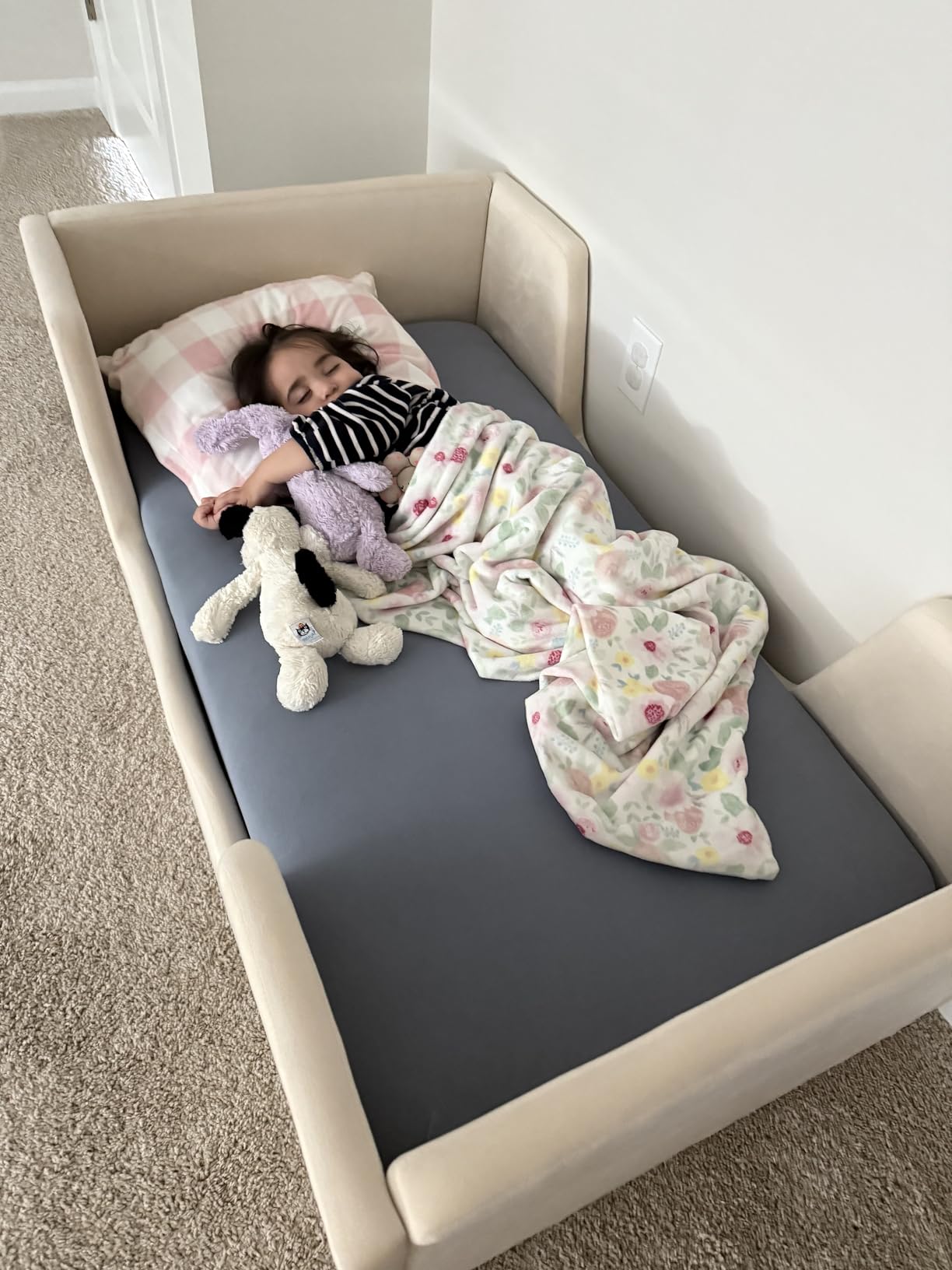 allamazing Toddler Bed, Toddler Floor Bed Frame with Guard Rails, Kids Beds for Ages 2-6 Years, Small Bed for Kids Girls and Boys, Standard Crib Mattress Toddler Beds, Certified Fabric Beds customer photo 2