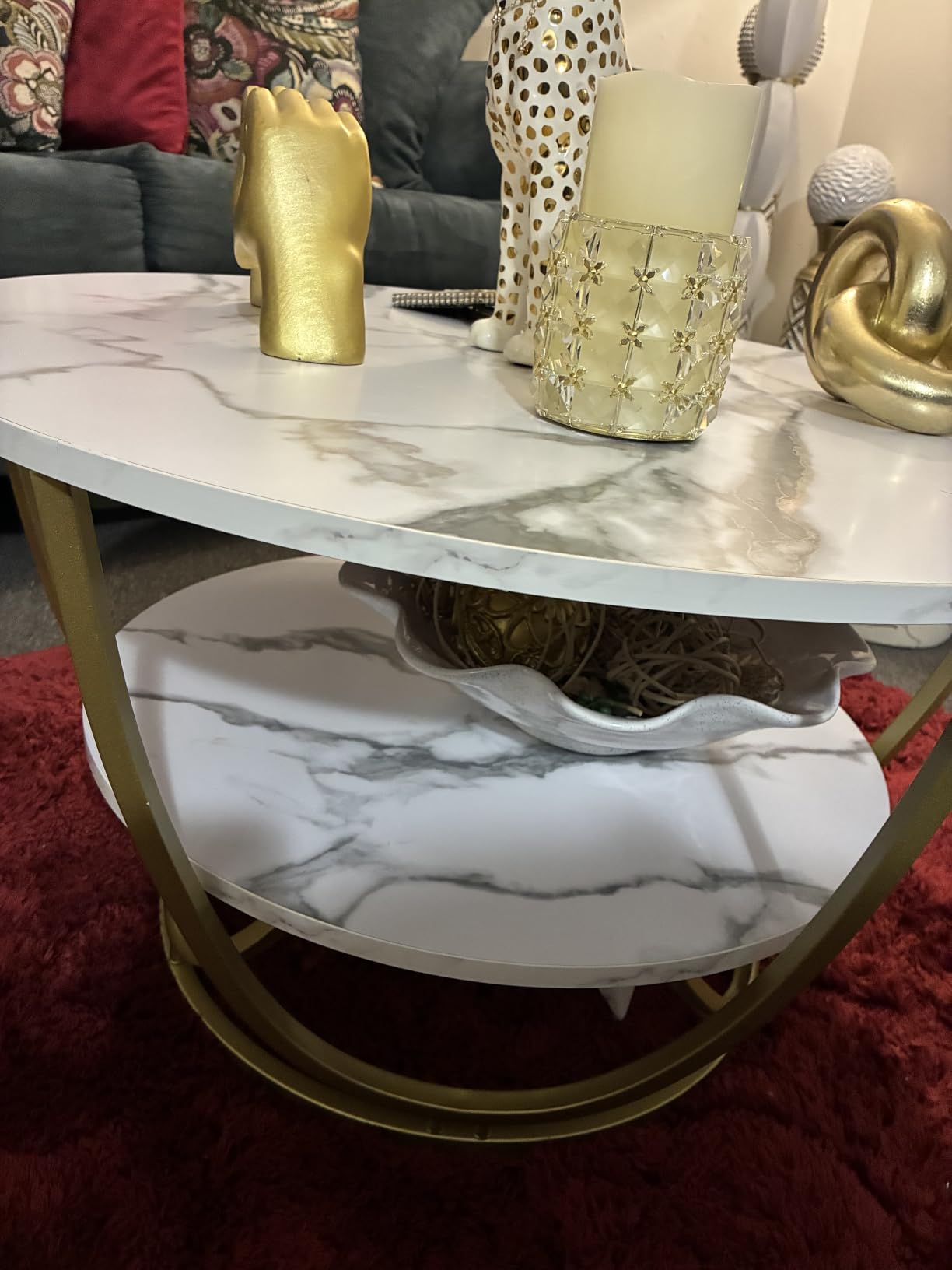 Round Coffee Table with Storage, 30 Inch Modern Coffee Table for Living Room | 2-Level Storage, Wooden Tabletop, Marble White Print with Gold Frame, Sturdy and Durable customer photo 1