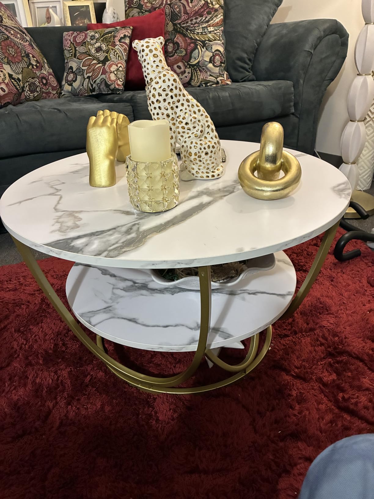 Round Coffee Table with Storage, 30 Inch Modern Coffee Table for Living Room | 2-Level Storage, Wooden Tabletop, Marble White Print with Gold Frame, Sturdy and Durable customer photo 2