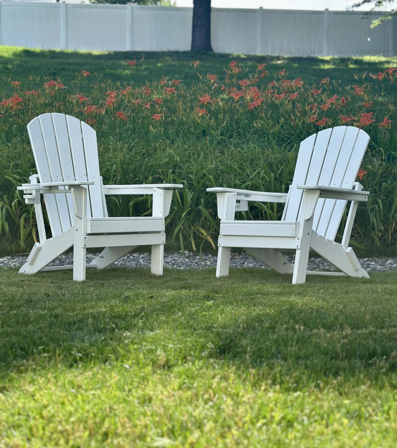 HDPE Folding Adirondack Chair Set of 2 with Cup Holder, Navy | SGS Tested, Wooden Textured, Heavy All-Weather HDPE Comfortable Set Poolside Backyard Lawn customer photo 2