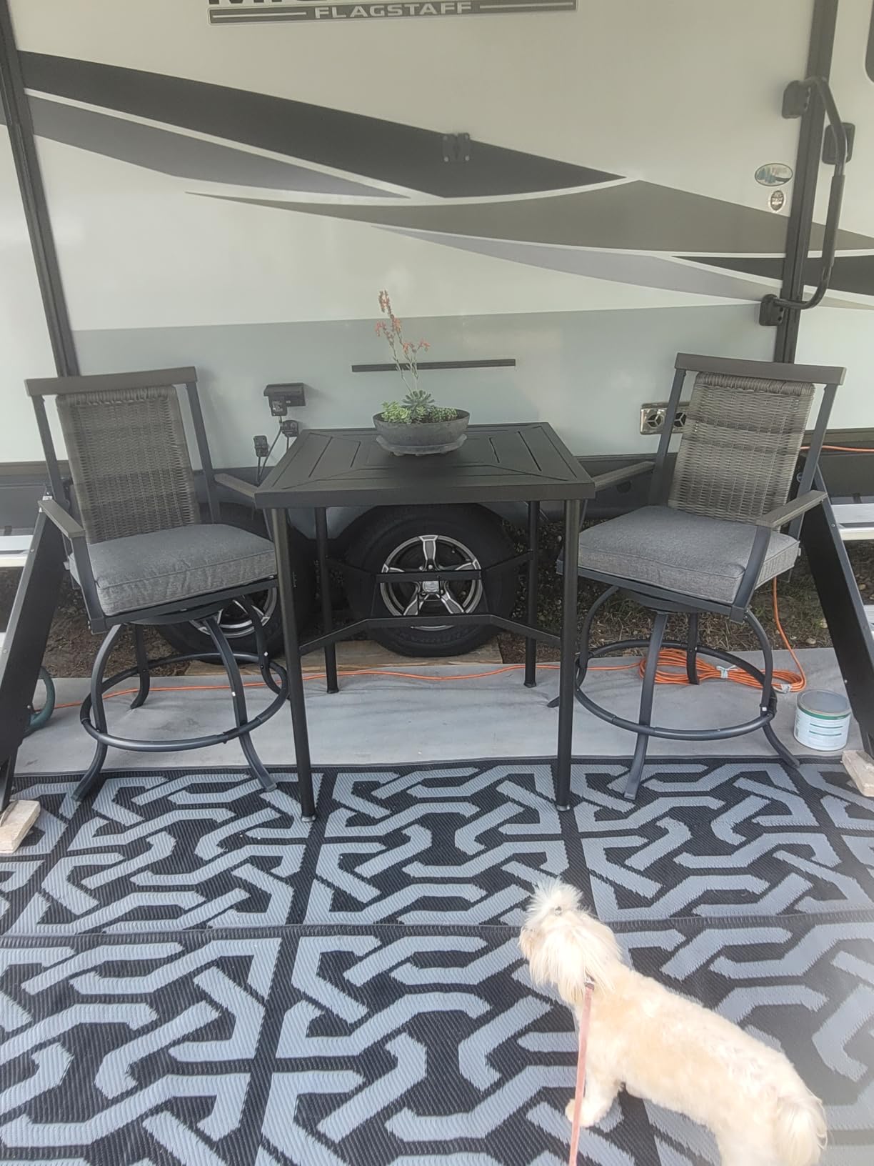 PHI VILLA Outdoor Patio Bar Set, 7 Piece Tall Bar Chair and Table Set | All-Weather Counter Height Bar Furniture with Swivel Stools (Red Cushions) & Large Metal Dining Table for Garden, Yard, Deck customer photo 1