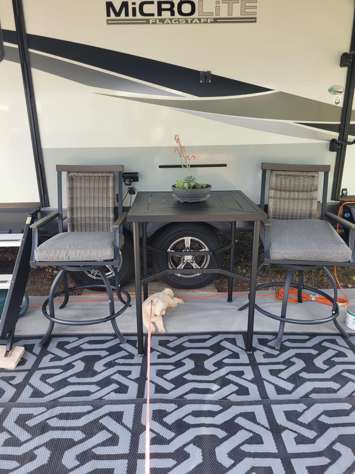 PHI VILLA Outdoor Patio Bar Set, 7 Piece Tall Bar Chair and Table Set | All-Weather Counter Height Bar Furniture with Swivel Stools (Red Cushions) & Large Metal Dining Table for Garden, Yard, Deck customer photo 2