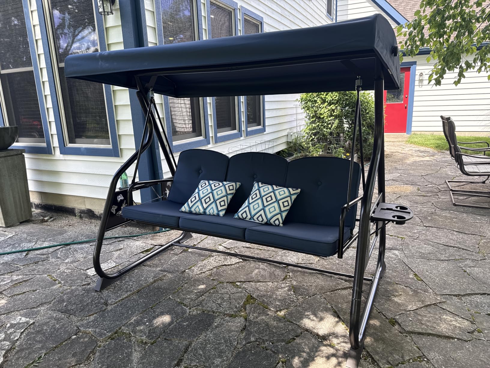 3-Seat Patio Porch Swing 800LBS Outdoor Swing with Stand w/Canopy & Adjustable Backrest Patio Glider Chair w/Removable Pillows & Foldable Side Tray for Balcony Garden Deck (Blue) customer photo 1