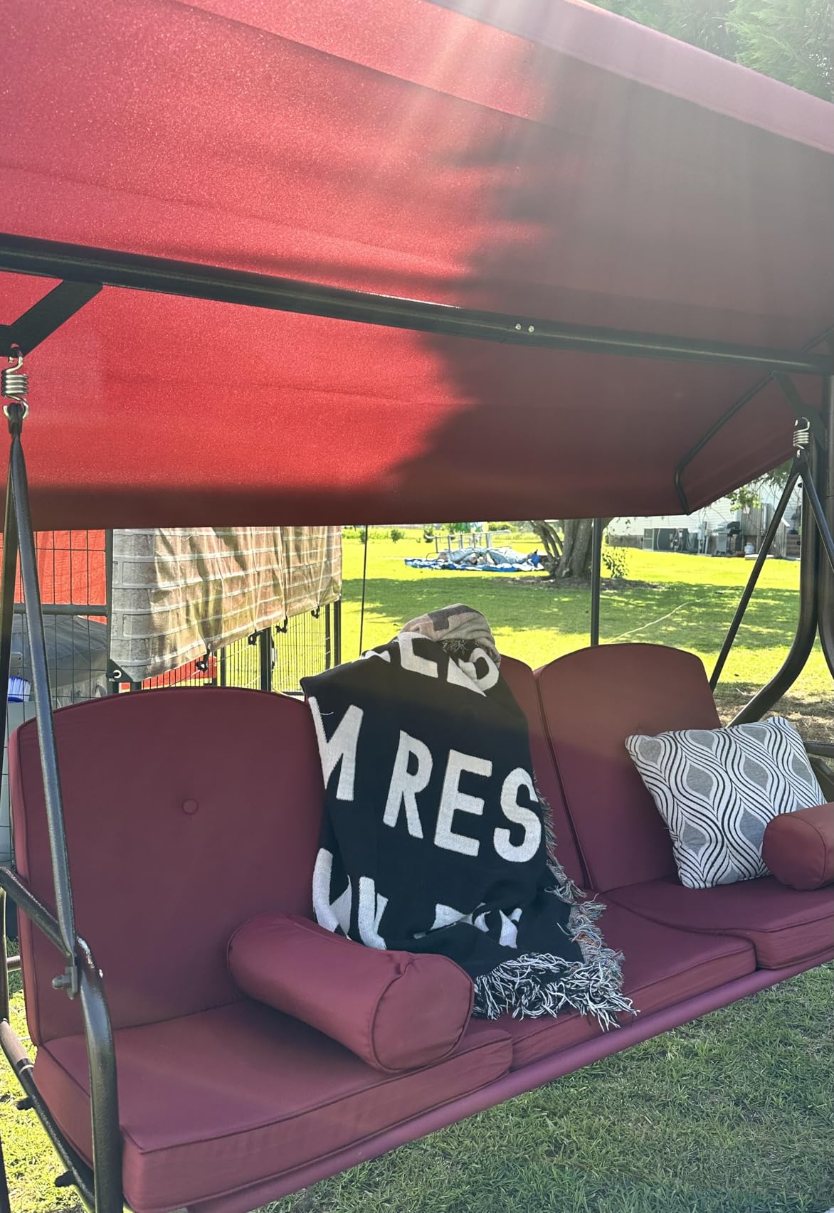 3 Seat Porch Swing with Adjustable Canopy, Patio Swing with Stand | Convertible Outdoor Swing Bed for Backyard & Garden, Thicken Cushion & Pillow Patio Glider Swing with Cup Holder(Khaki) customer photo 1