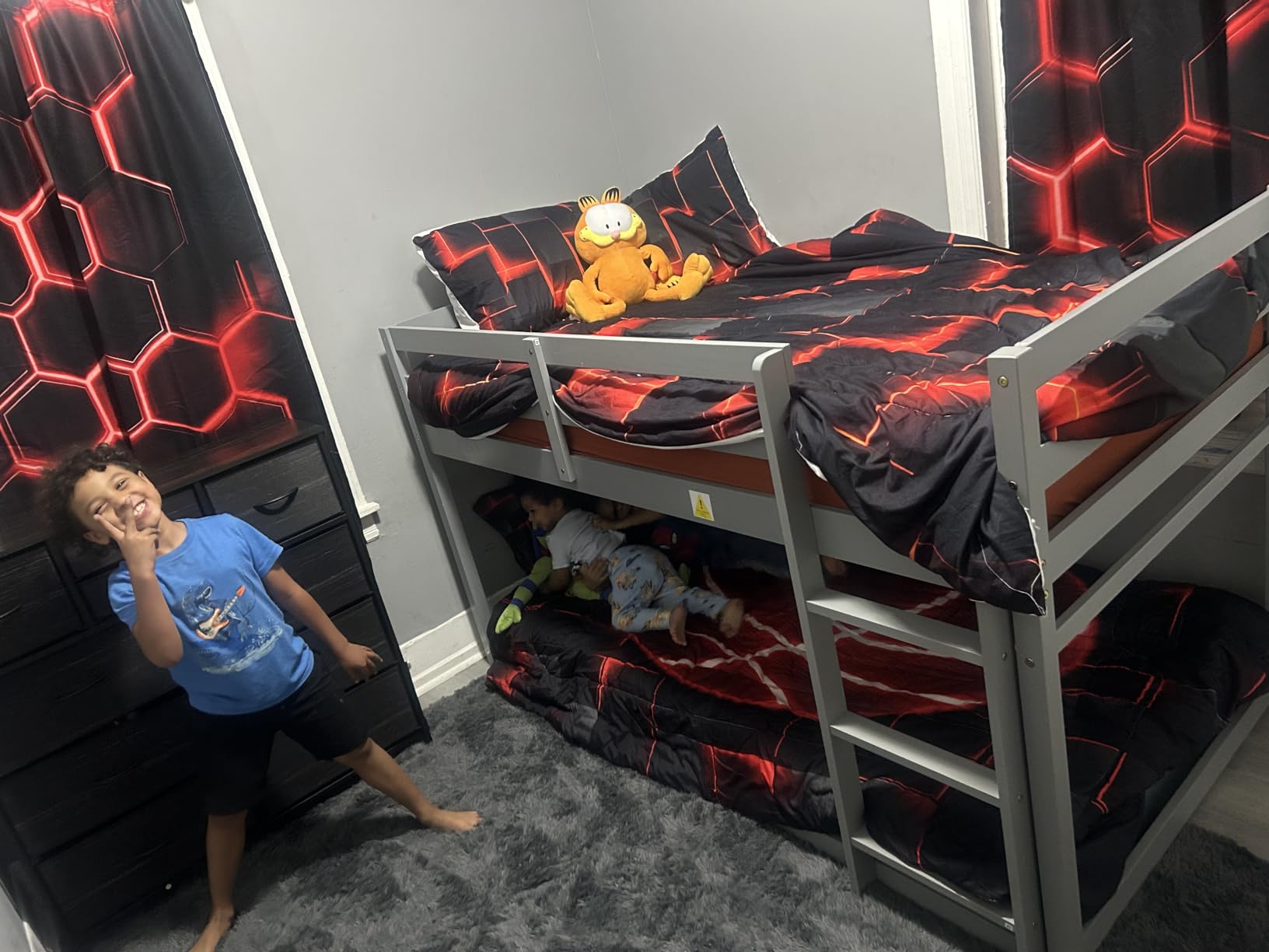 Low Bunk Bed Twin Over Twin, Floor Bunk Bed with Ladder, Twin Bunk Bed with Full Guardrails, Wooden Bunk Bed for Juniors, Boys, Girls, Kids, Bedrooms (Natural) customer photo 1