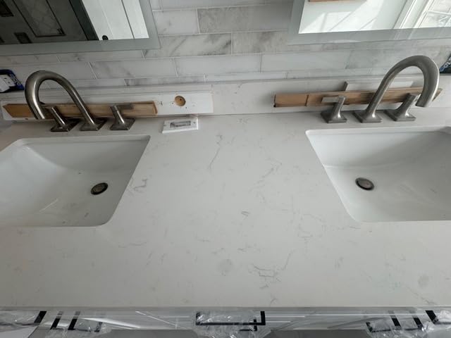 ARIEL Hepburn 60-inch Bathroom Vanity with Sink, Solid Wood, 1.5-inch Carrara White Quartz Countertop, Double Rectangular Porcelain Sink, 4 Soft Closing Doors, 6 Dovetail Drawers, White Oak customer photo 2