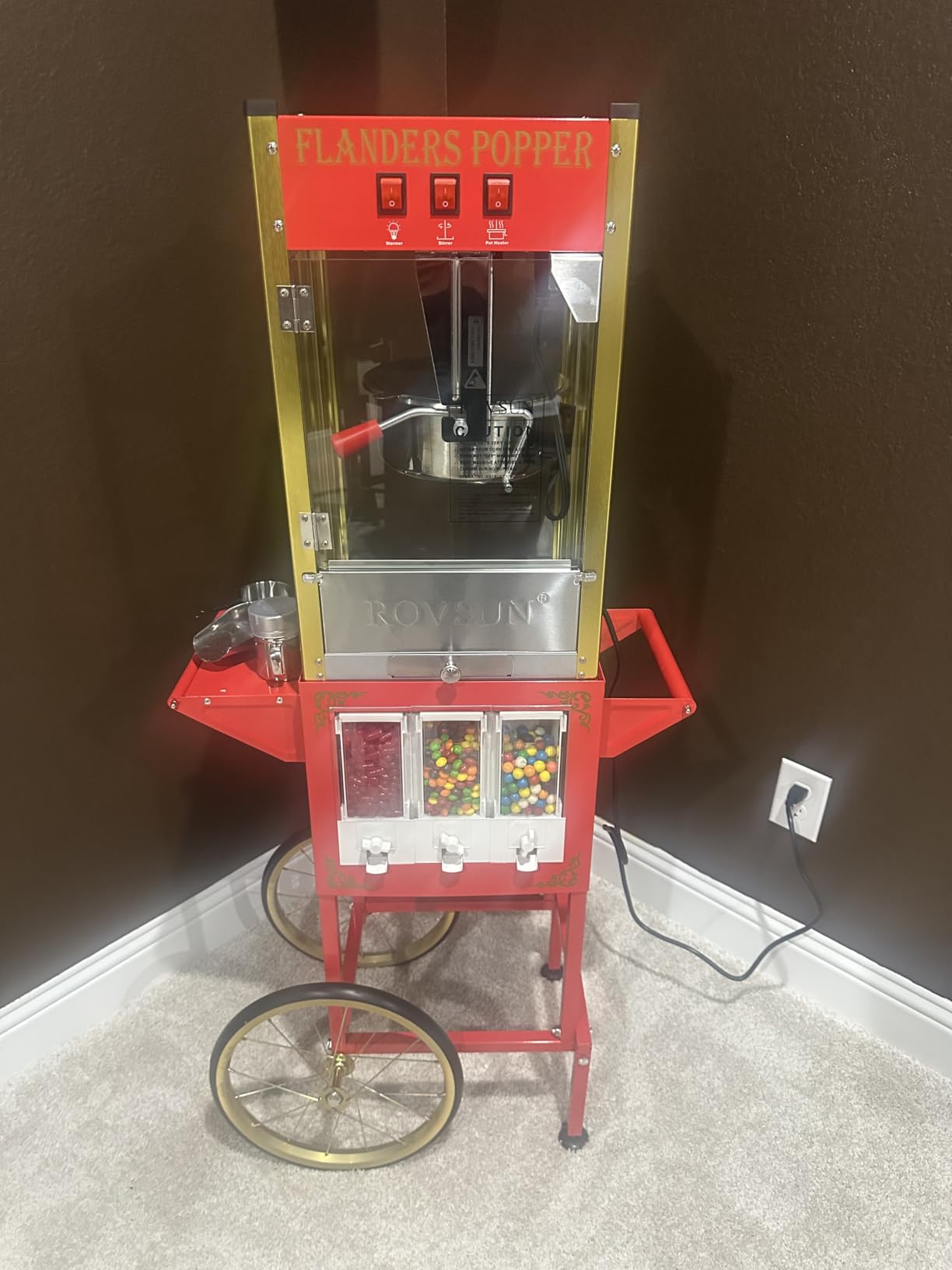 ROVSUN Popcorn Machine Cart with Candy Dispenser, 8 Oz Kettle Makes Up to 32 Cups ETL, Popcorn Maker w/Scoop, Oil Spoon, Bags & Cups, Movie Theater Style Popper for Commercial Home Party, Red customer photo 2