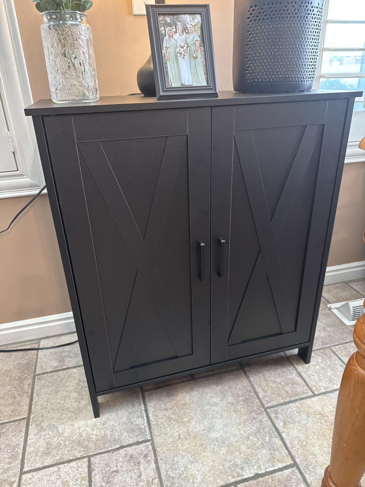 Homleke Farmhouse Shoe Cabinet with 2 Barn Doors & Wood Legs, Tall 4-Tier Shoe Storage Cabinet, 3 Adjustable Shelves, for Entryway, White customer photo 1