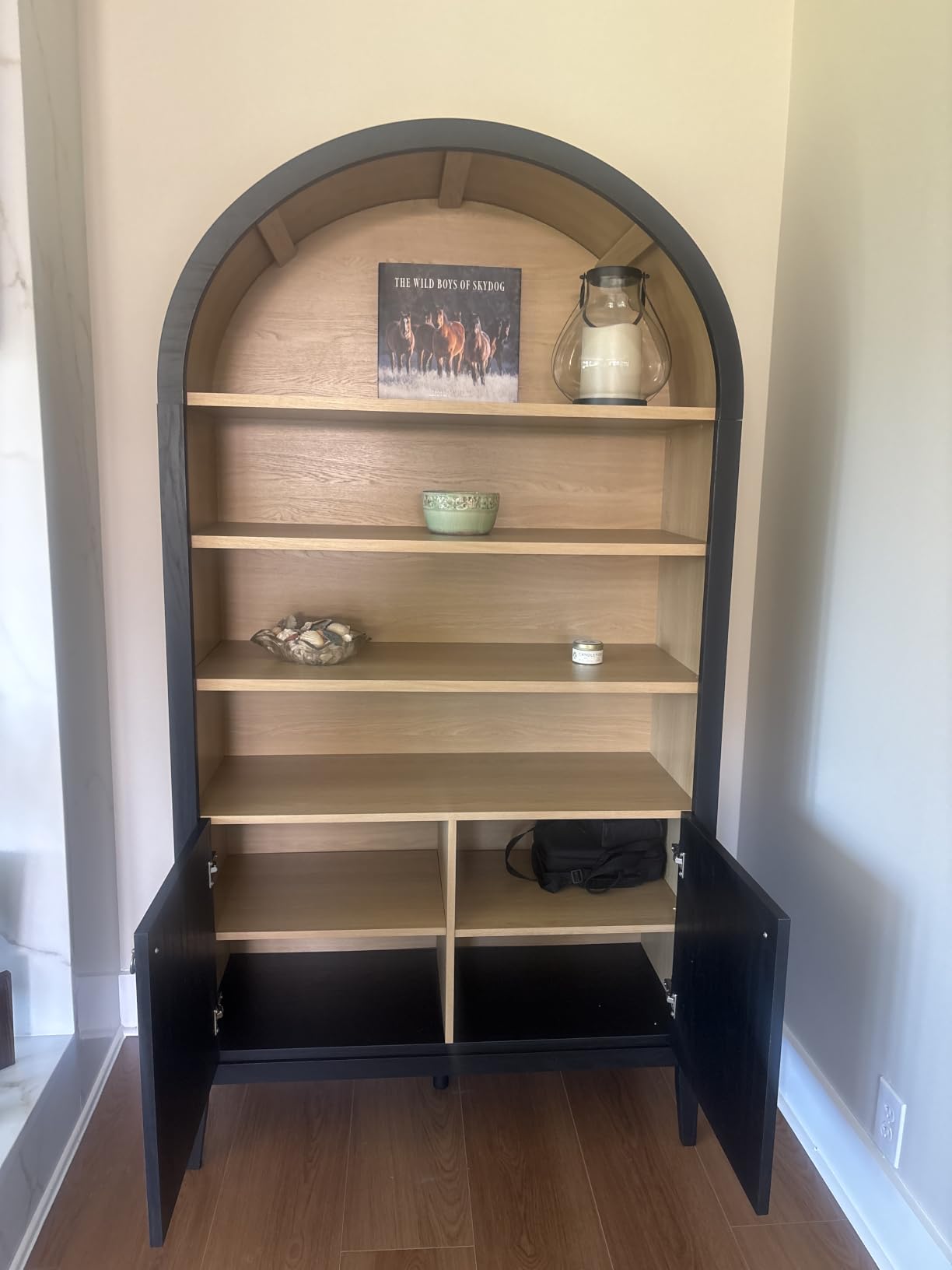 Modway Nolan Tall Arched Storage Display Cabinet in Dark Walnut - 74 Inch Arch Bookshelf with Open and Closed Shelving - Modern Accent Cabinet for Living Room, Dining Room customer photo 2