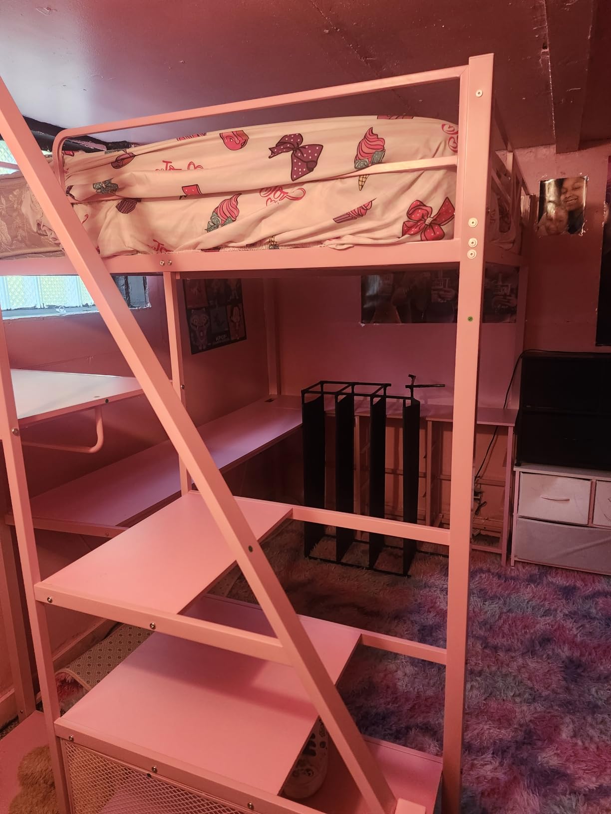 Itaar Stairway Twin Size Loft Bed with L Shaped Desk and Wardrobe, Metal Loft Bed Frame with Storage Stairs, 3 Fabric Drawers, LED Lights & Charging Station (Rustic Brown, Twin) customer photo 1