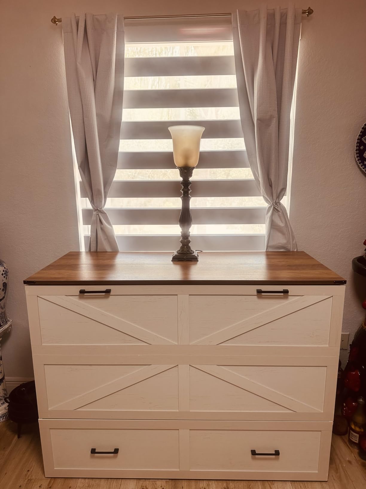 Murphy Bed Full Size Cabinet with Drawer Hidden Beds with Charging Station Farmhouse Wood Space-Saving Hidden Folding Chest Cabinet Bed for Bedroom, Office, School, Rustic White customer photo 1