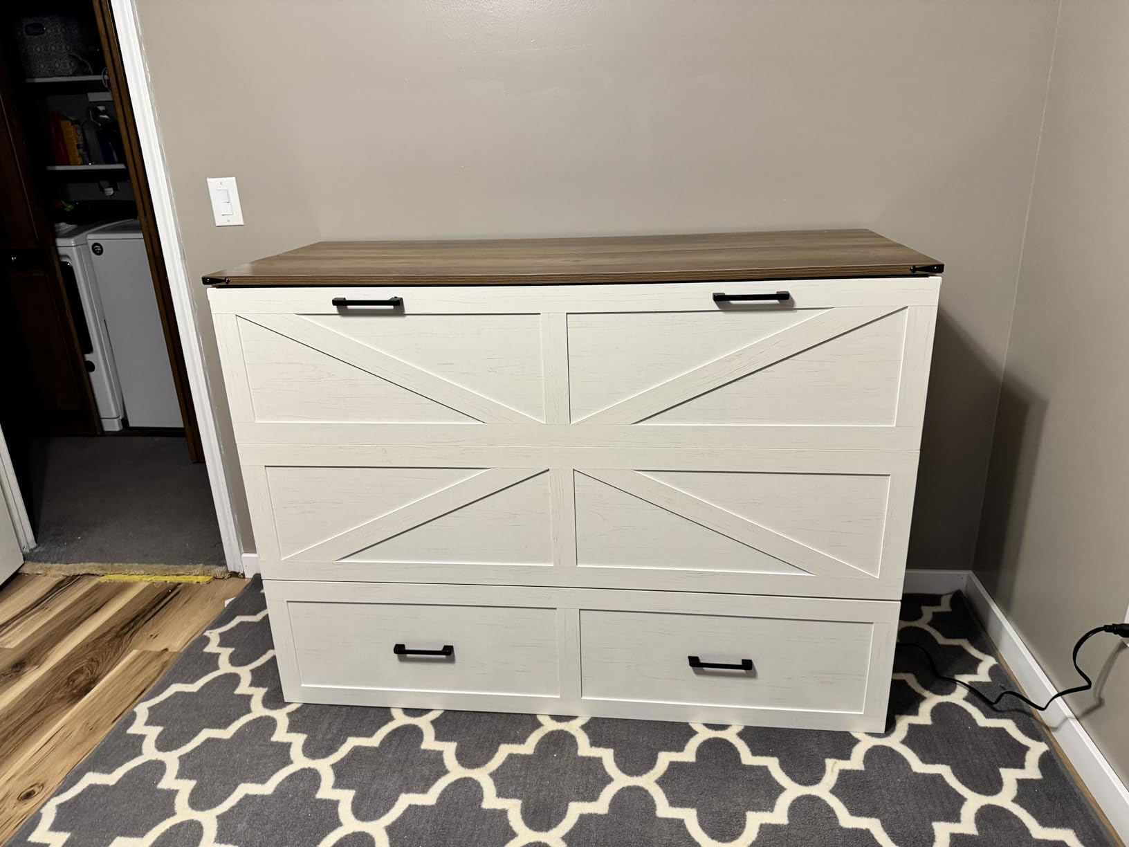 Murphy Bed Full Size Cabinet with Drawer Hidden Beds with Charging Station Farmhouse Wood Space-Saving Hidden Folding Chest Cabinet Bed for Bedroom, Office, School, Rustic White customer photo 2