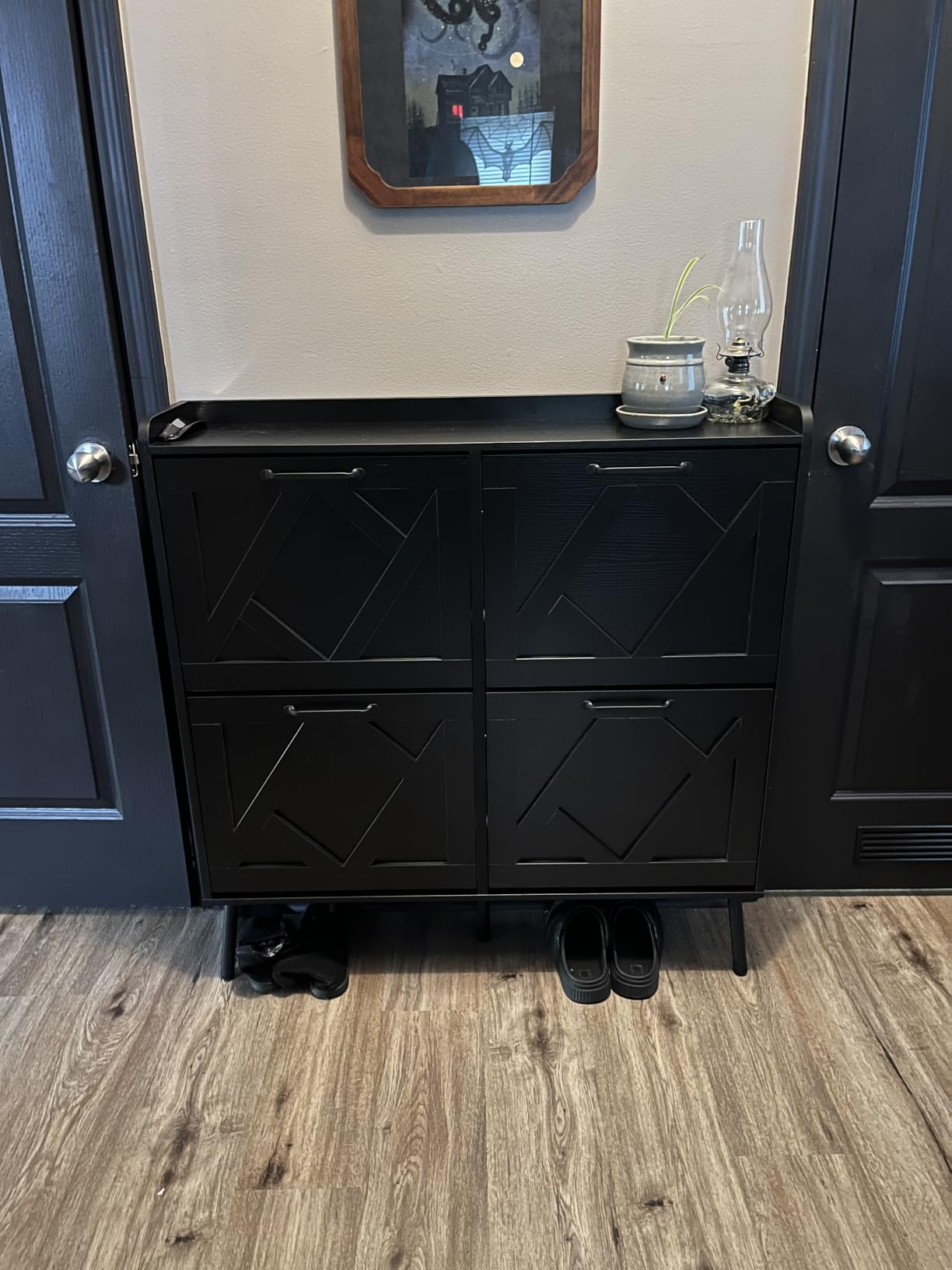 Nicetree Shoe Storage Cabinet with 2 Flip Drawers, Freestanding Wood Shoe Organizer with Metal Legs, Farmhouse Slim Shoe Rack for Entryway, Foyer, Hallway, Rustic Brown customer photo 1