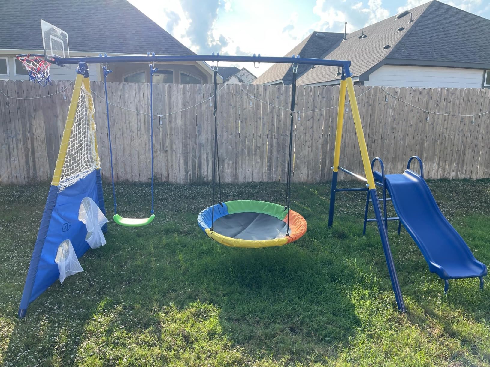 5 in 1 Kids Swing Sets for Backyard with Slide | Heavy-Duty Metal Swing Set with 39''Saucer Hammock,Hanging Seat,Soccer Goals & Basketball Hoop,Sturdy A-Frame customer photo 1