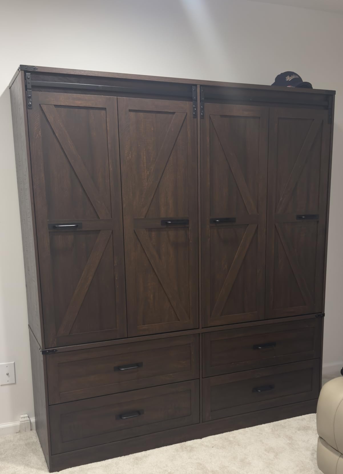 Farmhouse 4 Doors Armoire Wardrobe Closet w/Folding Sliding Barn Door and Lights, LED Armoire Closet w/Drawers for Bedroom, Freestanding Wooden Wardrobe Storage Closets w/Hanging Rod, Antique White customer photo 1