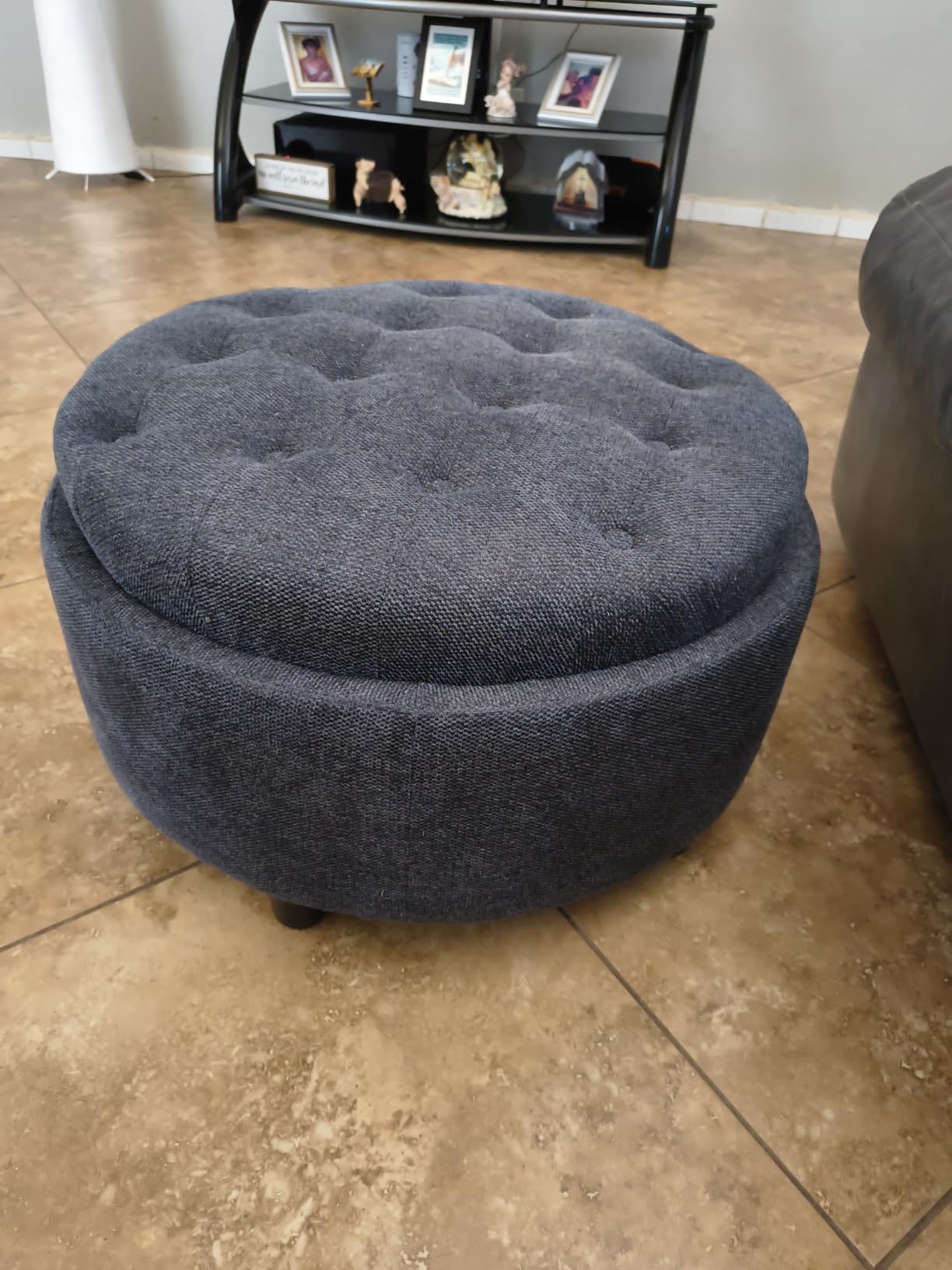 COLAMY Fabric Round Storage Ottoman with Reversible Tray Lid - Multi-Functional Footrest, Hidden Storage, Sturdy & Stylish Small Coffee Table for Living Room, Bedroom, or Entryway (Beige) customer photo 2