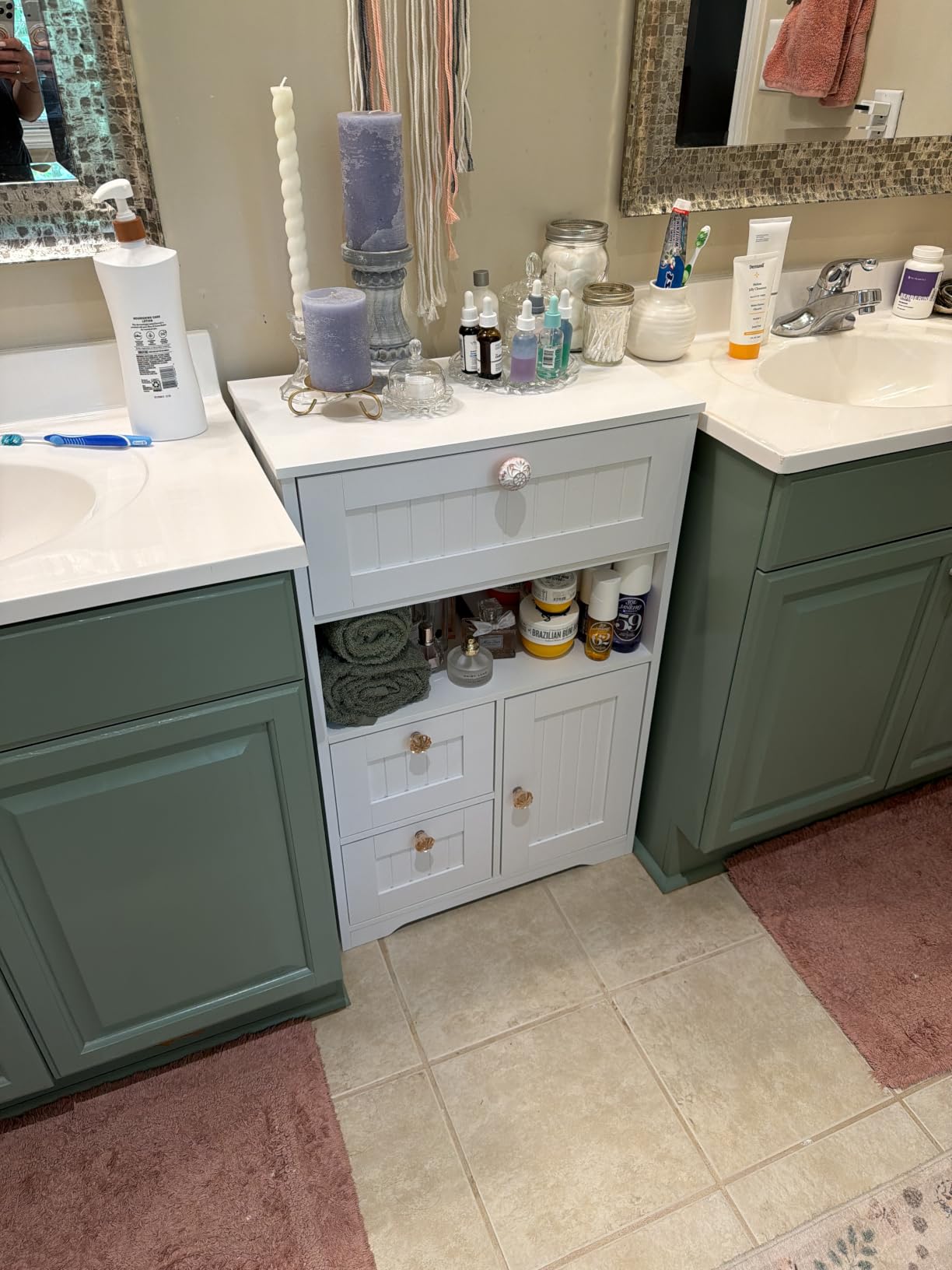 GRUSIGN Bathroom Cabinet, Modern Bathroom Floor Storage Cabinet Organizer with 1 Door and 3 Drawers, White customer photo 1