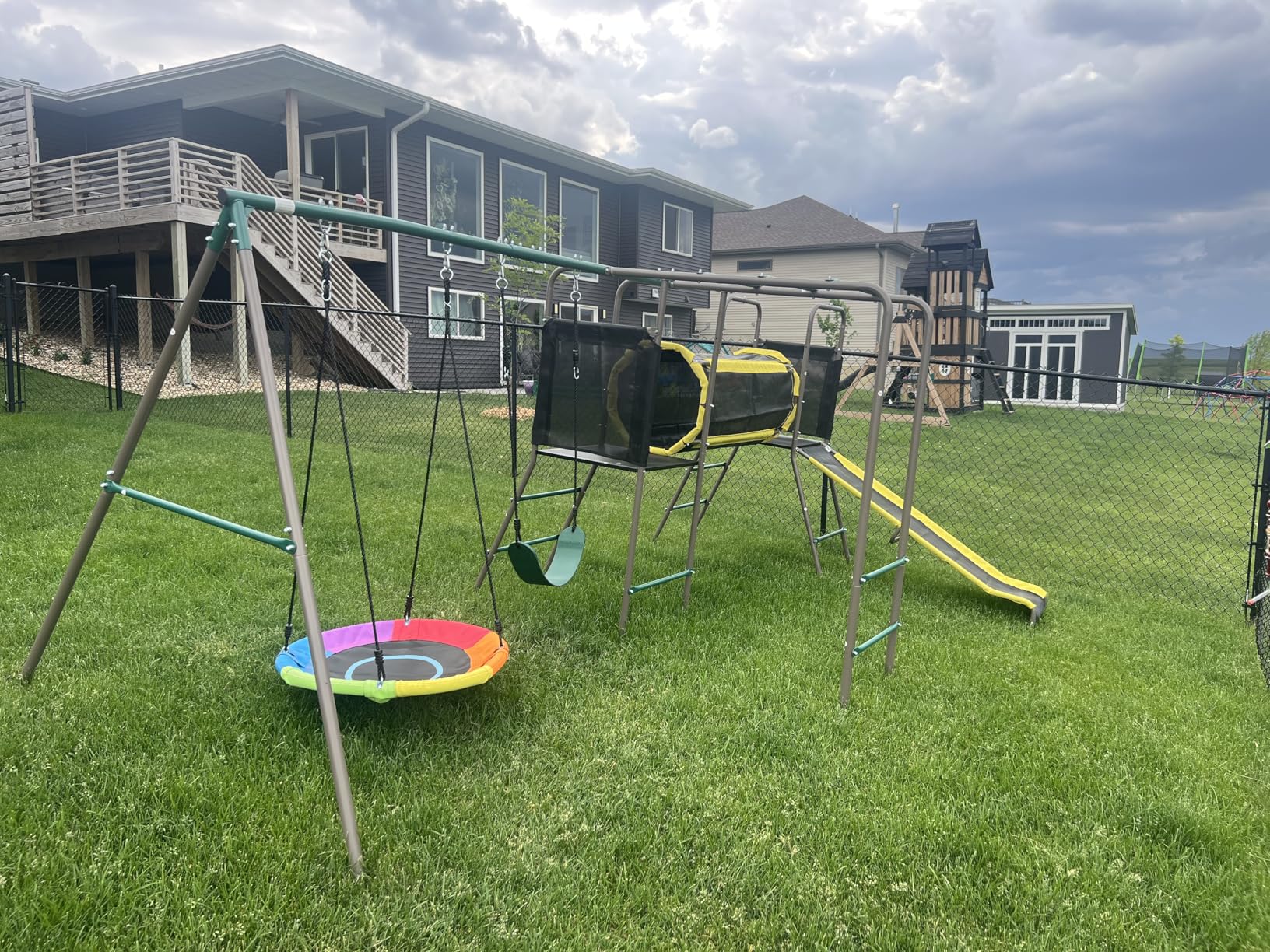 Swing Set with Slide, Crawl Tunnel and Monkey Bars for Backyard | 5 in 1 Jungle Gym Outdoor: Saucer Swing + Belt Swing + Slide + Tunnel + Monkey Bar, Galvanized Pipe, ASTM | CPSC Compliant customer photo 1