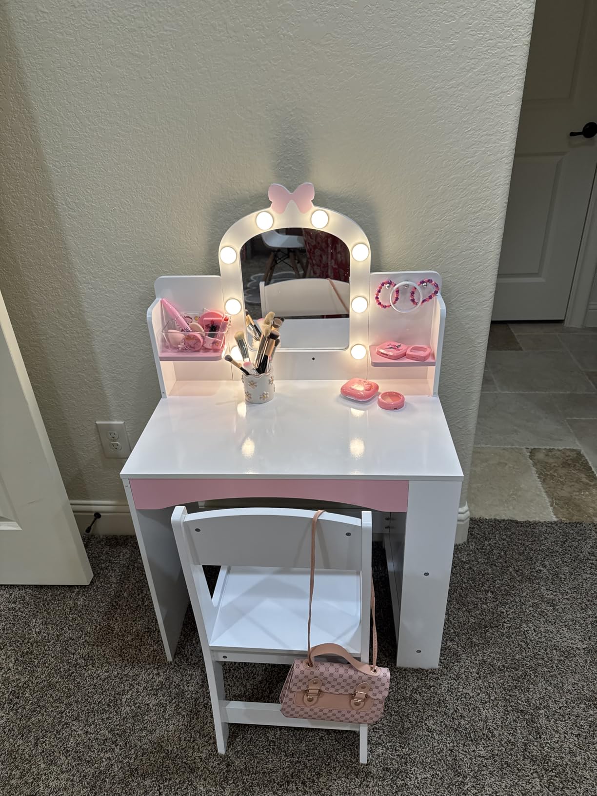 MU Kids Vanity with Lights, Princess Makeup Vanity Table and Chair Set for Girls, Toddler Vanity Desk with Open Bookshelf, Storage Cabinet & Shelves, Stools, Pink customer photo 1