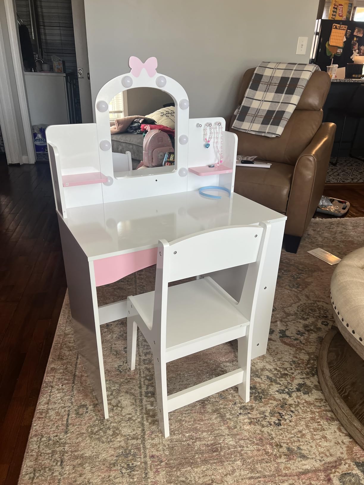 MU Kids Vanity with Lights, Princess Makeup Vanity Table and Chair Set for Girls, Toddler Vanity Desk with Open Bookshelf, Storage Cabinet & Shelves, Stools, Pink customer photo 2