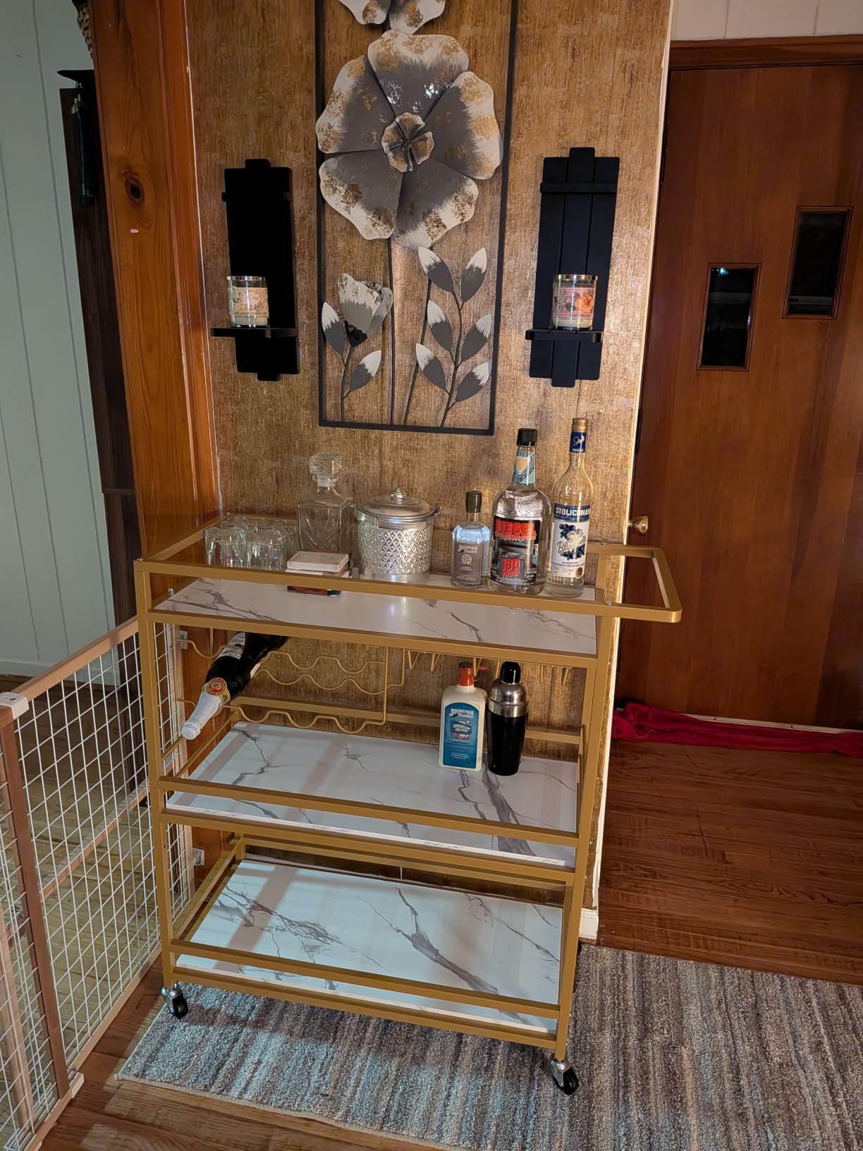 Bar Cart for Home, 3 Tier Gold Serving Rolling Carts with Wheels | Drink Cart, Liquor Stand with Marbled Wooden Shelves, Wine Rack and Glass Holder for Kitchen, Dining Room customer photo 1