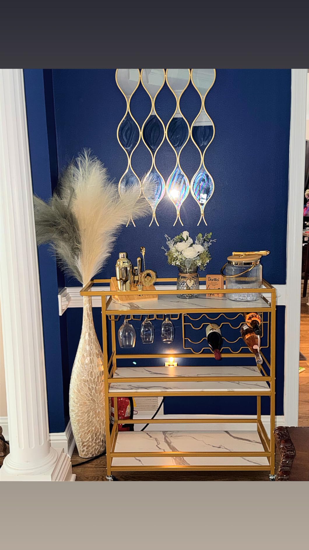 Bar Cart for Home, 3 Tier Gold Serving Rolling Carts with Wheels | Drink Cart, Liquor Stand with Marbled Wooden Shelves, Wine Rack and Glass Holder for Kitchen, Dining Room customer photo 2