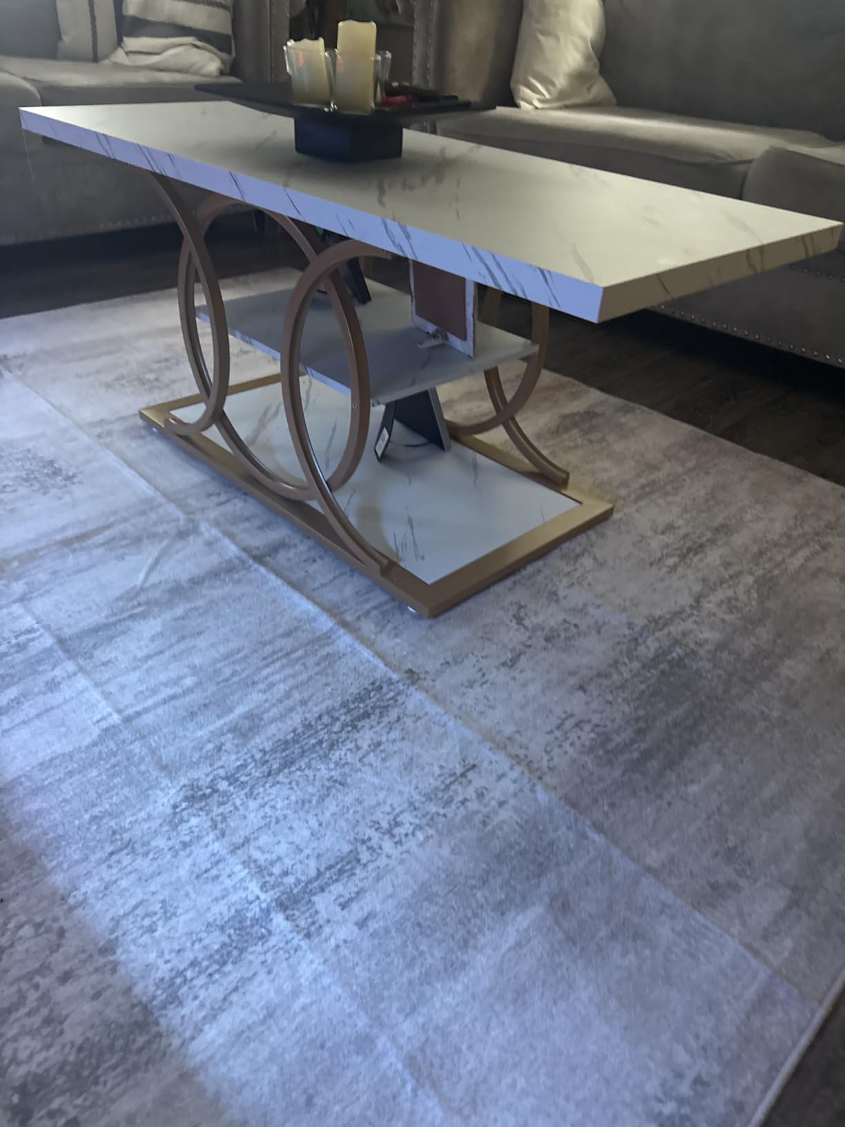 GiftGo Rustic Coffee Table with Storage Modern 3 Tier Center Living Room Table Faux Marble Wooden Rectangle Cocktail Tea Table for Office Bedroom Elegant Full Moon Design (White Gold, L-47) customer photo 1