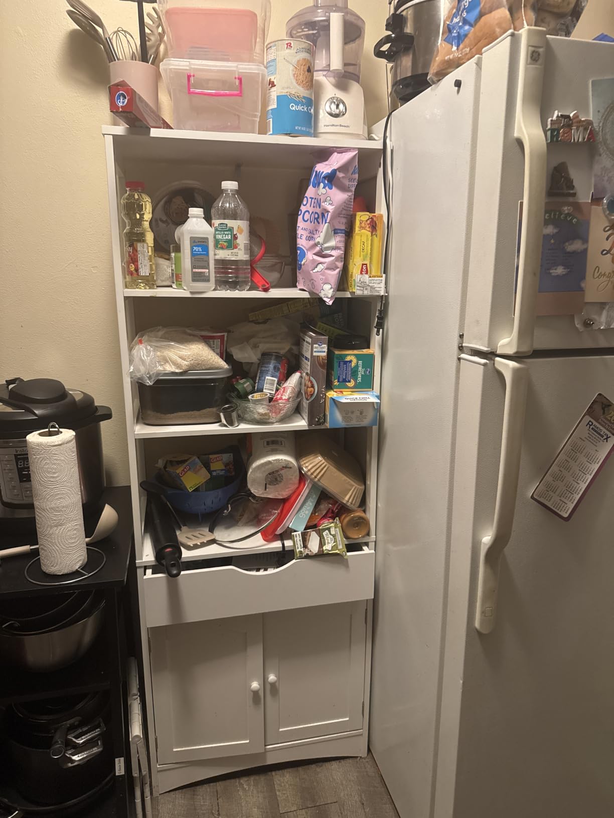 DICTAC Kitchen Pantry Storage Cabinets with Shelves,Drawer and Doors,Microwave Cart with Storage,Freestanding Floor Sideboard Cabinet with Microwave Space,Bookshelf,Display Unit for Home,White customer photo 1