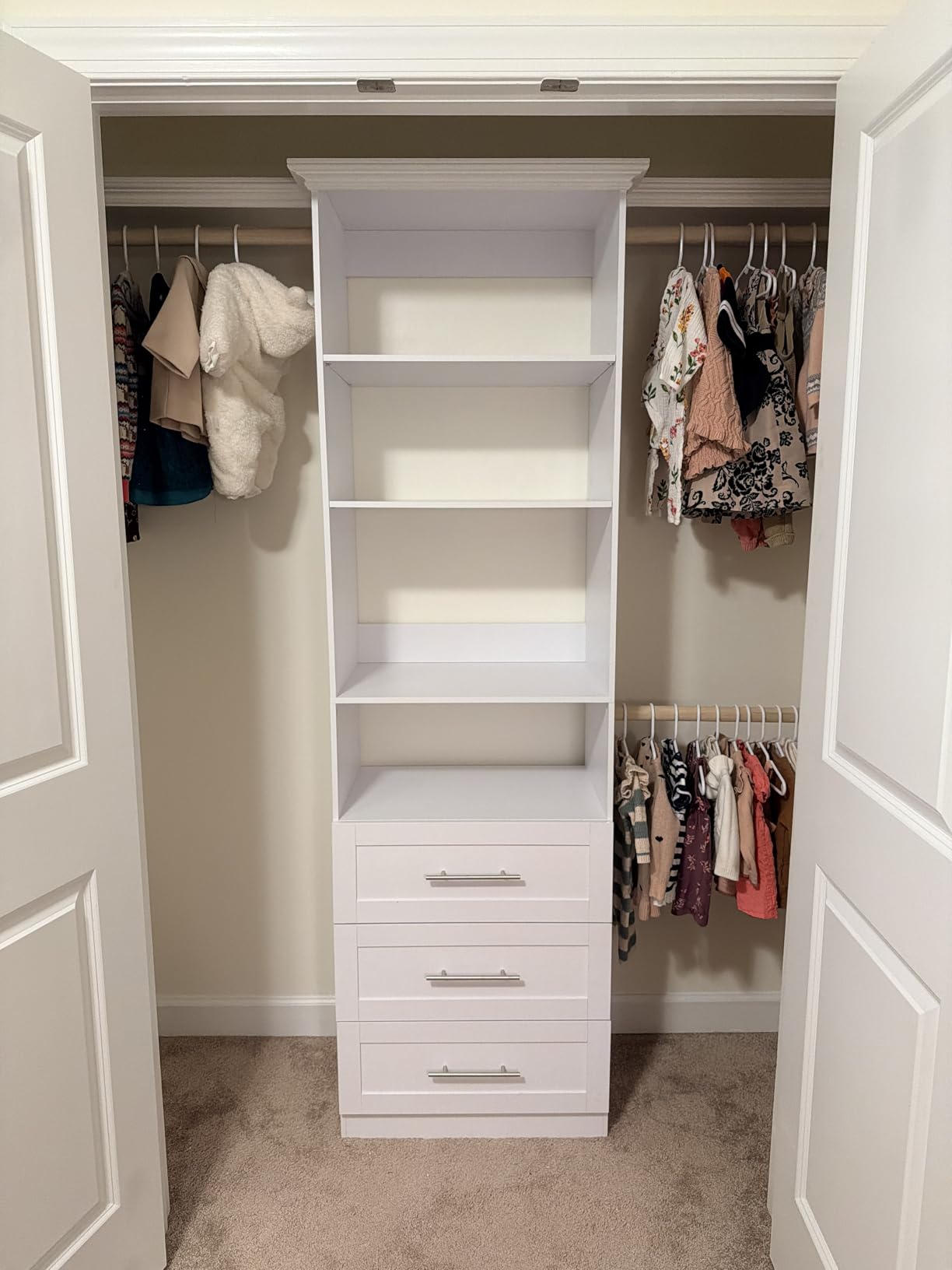 Closet System with 3 Drawers & 4 Shelves, Wood Closet Organizer System with 1 Extra Hanging Rod for Walk in Closet, Modular Closet Organizer System White(2FT) customer photo 1