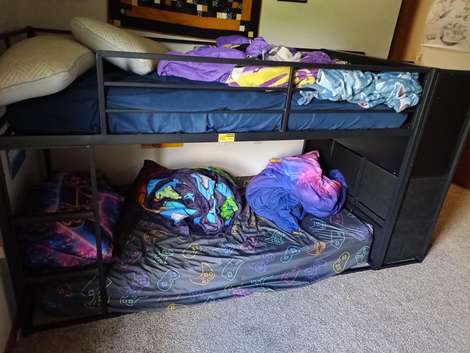 BTHFST Bunk Bed Twin Over Twin with 6 Large Fabric Drawers & 4 Wooden Storage Bookshelf Organizer, Metal Low Bunk Bed for Kids with LED Lights & Safety Ladder and Guardrail, Space Saving customer photo 2