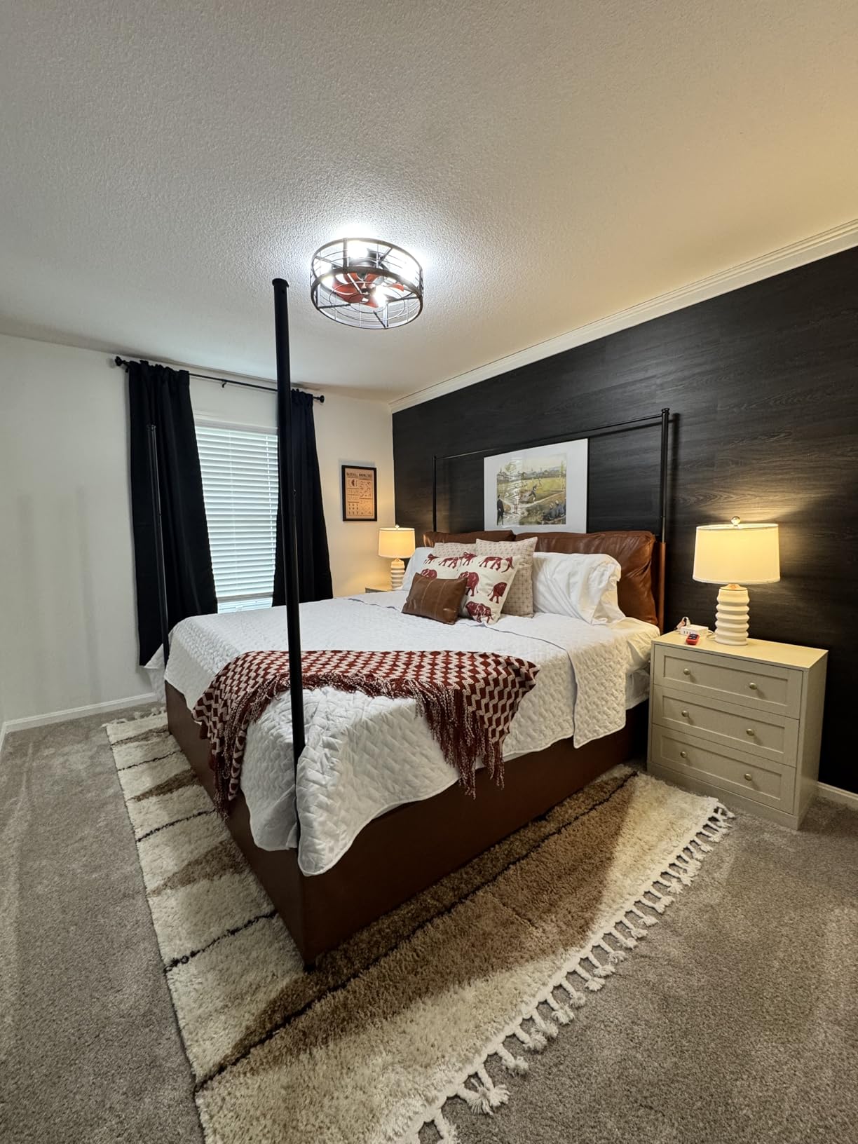 Queen Canopy Bed Frame with Tall Upholstered Faux Leather Headboard | Modern Four Poster Metal Platform Bed with Side Storage Pockets, No Box Spring Needed, Sturdy Frame, Easy Assembly, Brown customer photo 1