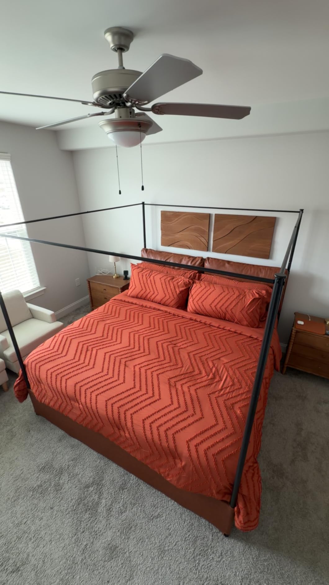 Queen Canopy Bed Frame with Tall Upholstered Faux Leather Headboard | Modern Four Poster Metal Platform Bed with Side Storage Pockets, No Box Spring Needed, Sturdy Frame, Easy Assembly, Brown customer photo 2