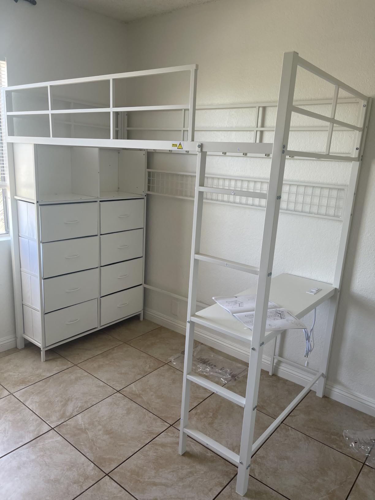 ADORNEVE Loft Bed Full Size with Desk and 8 Storage Drawers, LED Metal Loft Bed with Power Outlet, 2 Shelves & Clothing Rack, Safety Guardrail & Ladder, Space-Saving, White customer photo 1