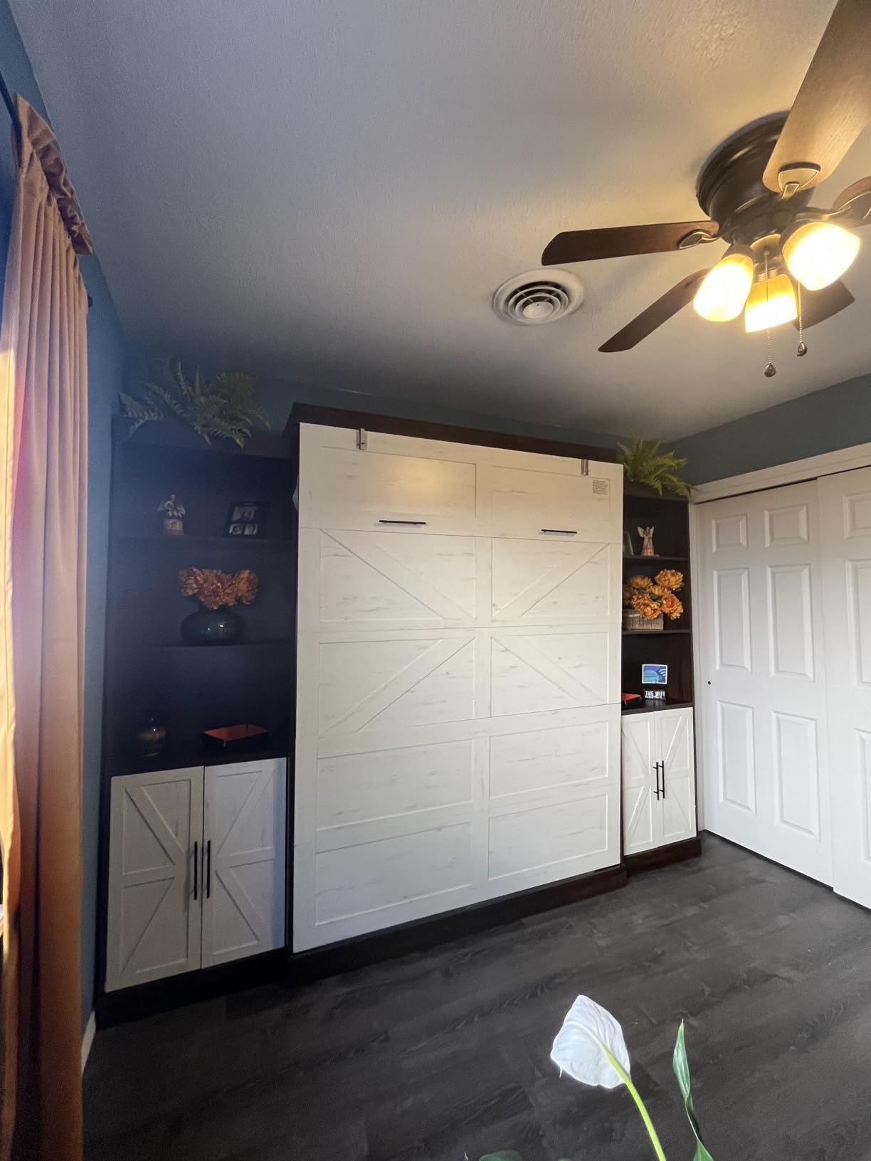 Hlivelood Full Size Murphy Bed with 2 LED Lights, Farmhouse Wood Hidden Foldable Wall Bed Frame w/Gas Struts, Rustic White customer photo 2