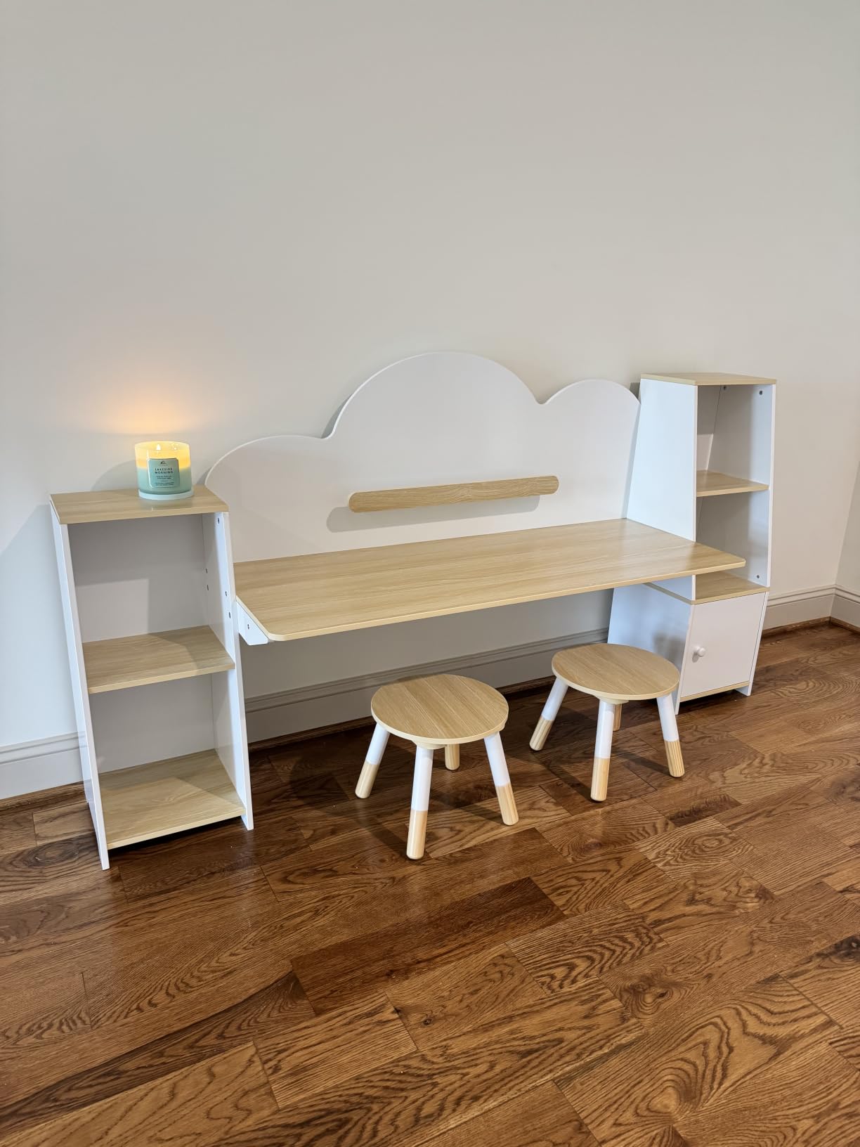 Xilingol Kids Desk with Storage and 2 Stools, Wooden Children Study Desk and Chair Set with 5 Bookshelves & Cabinets, Montessori Cloud-Style Art Desk for 2 Kids, Ages 3-8, Bedroom customer photo 1