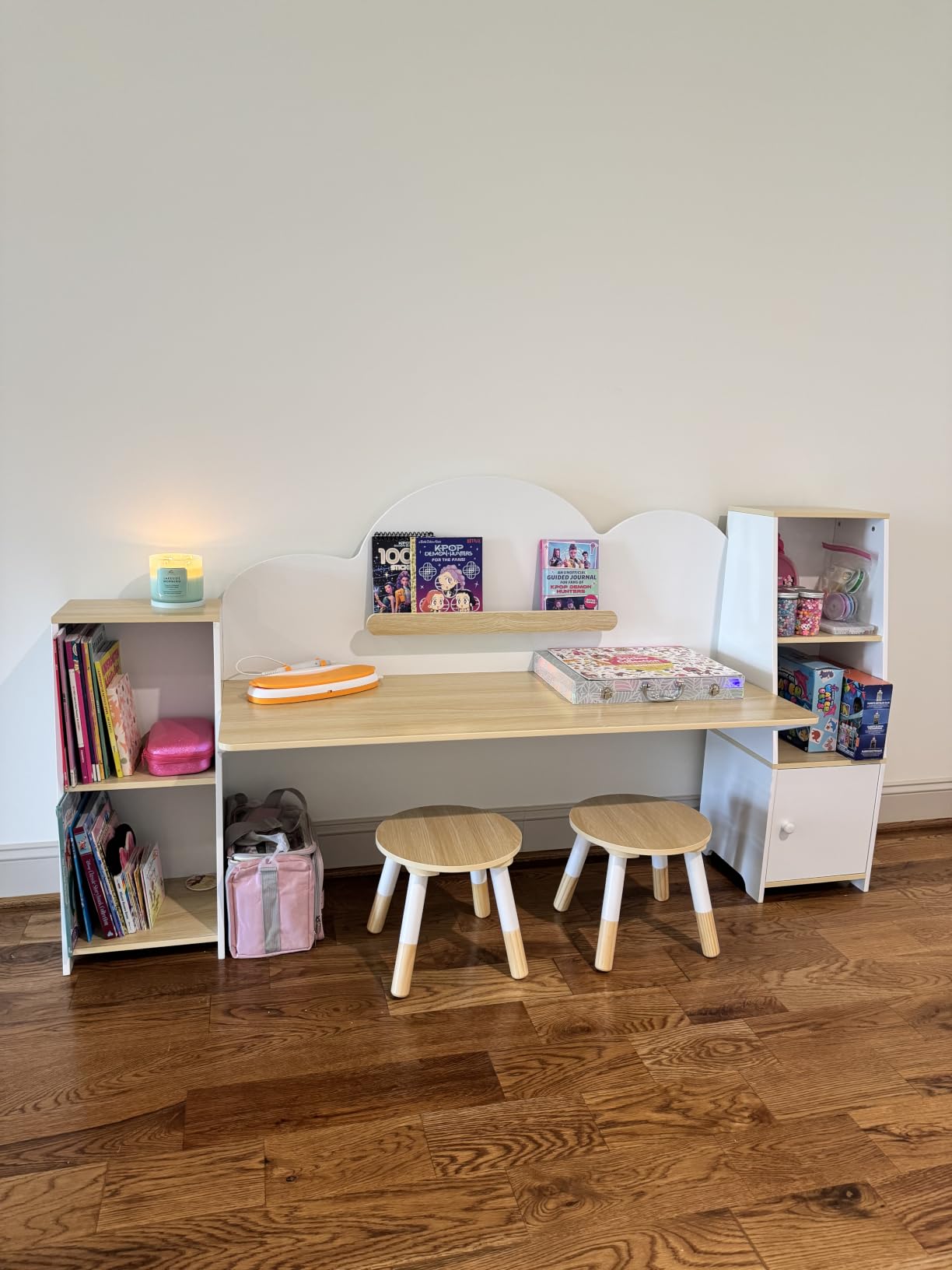 Xilingol Kids Desk with Storage and 2 Stools, Wooden Children Study Desk and Chair Set with 5 Bookshelves & Cabinets, Montessori Cloud-Style Art Desk for 2 Kids, Ages 3-8, Bedroom customer photo 2