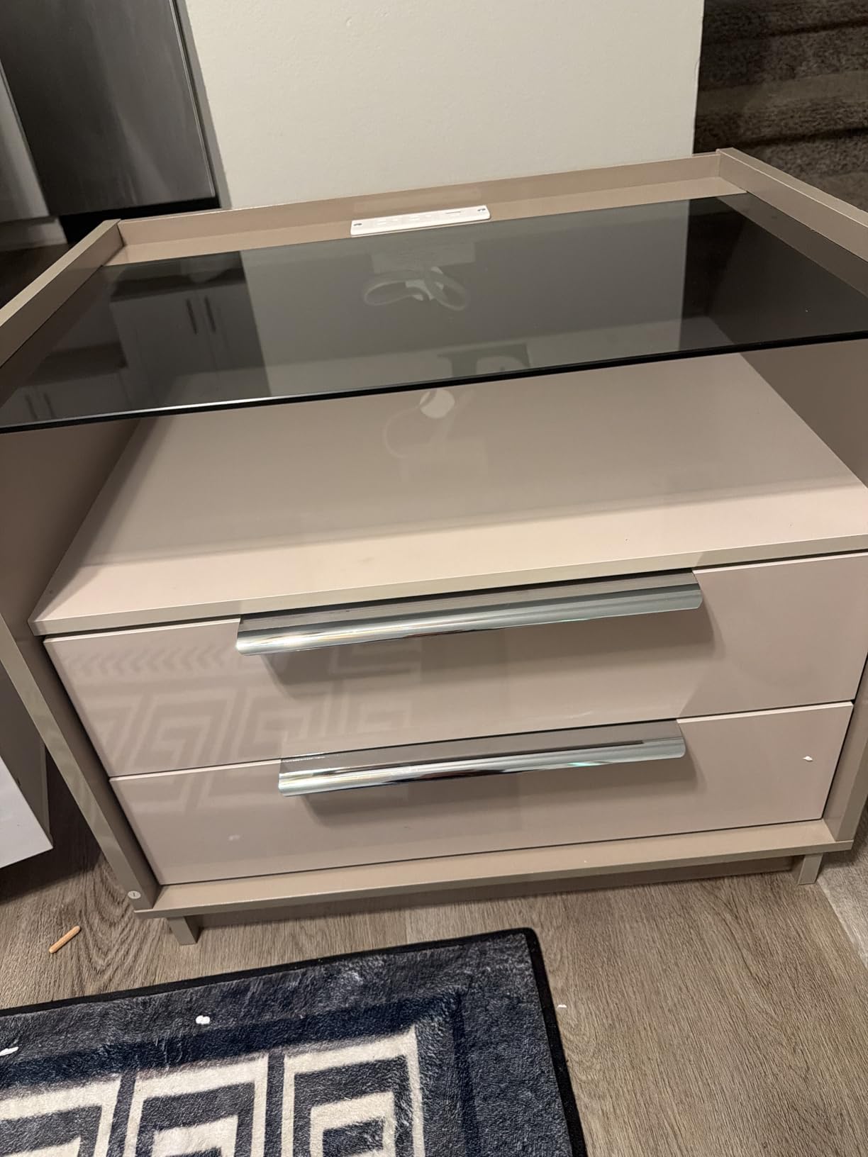 AMERLIFE 4 Piece Bedroom Furniture Set, 2 Nightstands with Charging Station, 8 Drawer Dresser with LED Light & 5 Drawer Chest, Modern High Gloss UV Finish, Cream & Grey customer photo 1