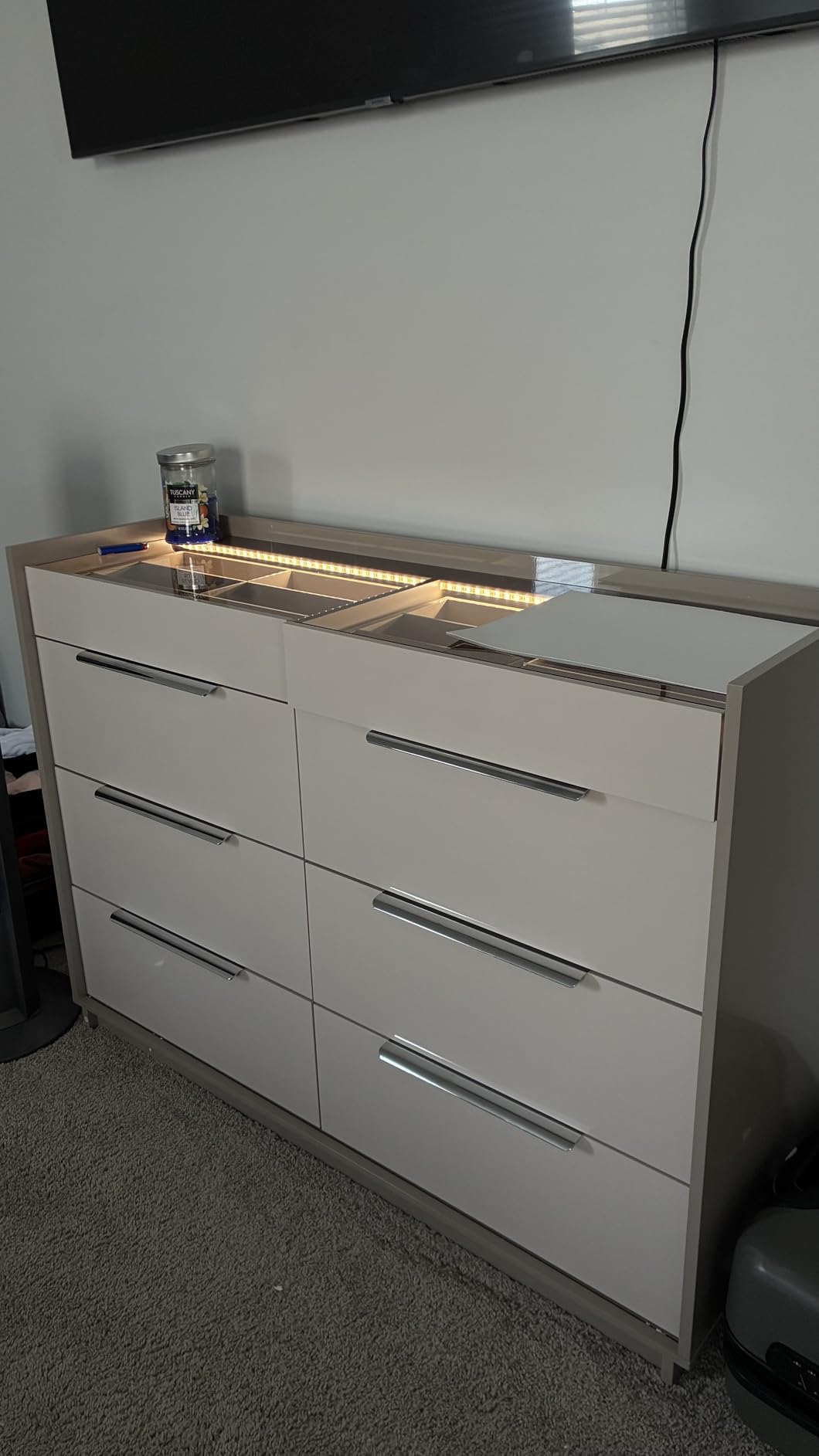 AMERLIFE 4 Piece Bedroom Furniture Set, 2 Nightstands with Charging Station, 8 Drawer Dresser with LED Light & 5 Drawer Chest, Modern High Gloss UV Finish, Cream & Grey customer photo 2