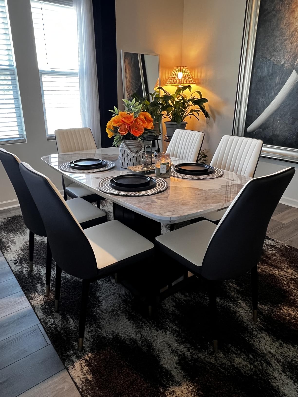 Modern Dining Table Set for 6, Marble Kitchen Table Chair Set for 6, Rectangular Kitchen Table with 6 Pu Leather Upholstered Chair for Dining Room customer photo 1