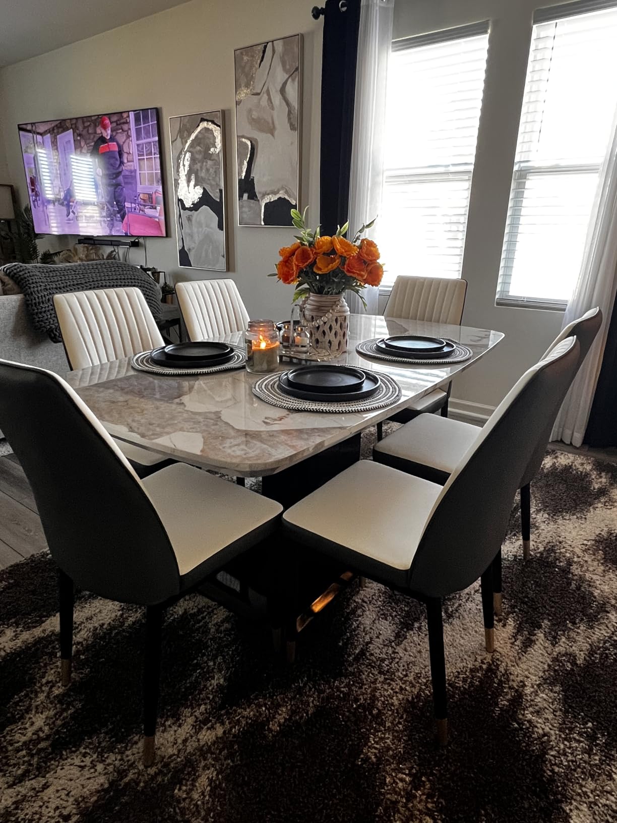 Modern Dining Table Set for 6, Marble Kitchen Table Chair Set for 6, Rectangular Kitchen Table with 6 Pu Leather Upholstered Chair for Dining Room customer photo 2