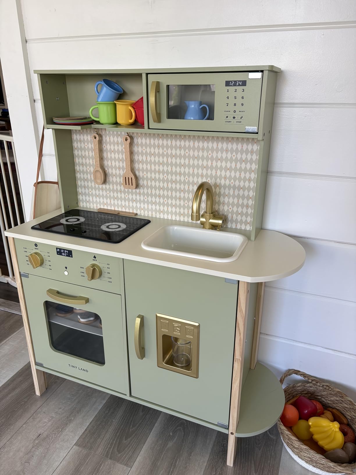 Tiny Land Play Kitchen for Kids, Wooden Farmhouse Kitchen Playset Chef Pretend Play Set for Toddlers w/Real Lights & Sounds, Toys Kitchen with 18 Pcs Toy Food & Cookware Accessories, Sage Green customer photo 1