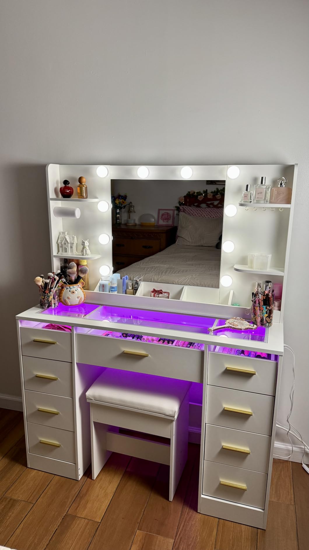 ANWBROAD Vanity Desk with Mirror and Lights 3 Colors Large Makeup Vanity Table Set Transparent Glass Top with 9 RGB Drawers, 4 Shelves Vanity Desk with Stool Power Outlet White Bedroom Women UBDT94W customer photo 1