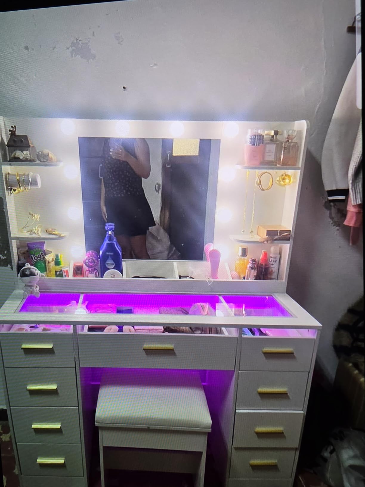 ANWBROAD Vanity Desk with Mirror and Lights 3 Colors Large Makeup Vanity Table Set Transparent Glass Top with 9 RGB Drawers, 4 Shelves Vanity Desk with Stool Power Outlet White Bedroom Women UBDT94W customer photo 2