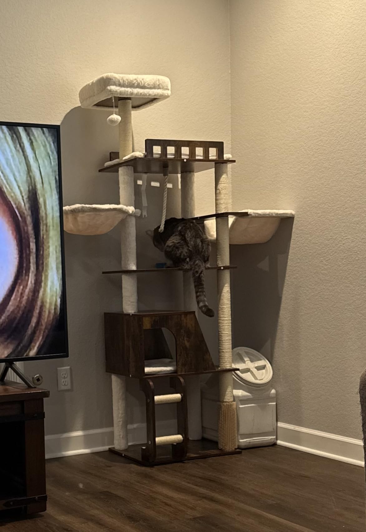Hey-brother Wooden Cat Tree, Furniture Tower with Large Platforms, MPJ121SR | 69.7 inch, Modern Full Sisal Scratching Posts, Hammocks, Spacious Condo, Ladder, Brush, Water Proof Surface, Rustic Brown customer photo 1