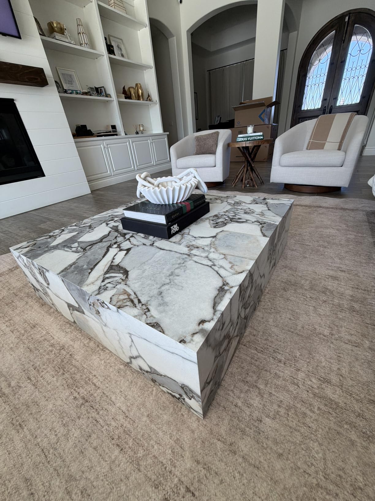 Faux Marble White Coffee Table, Rectangle MDF Living Room Table, Center Table for Home, Ready to Use customer photo 2
