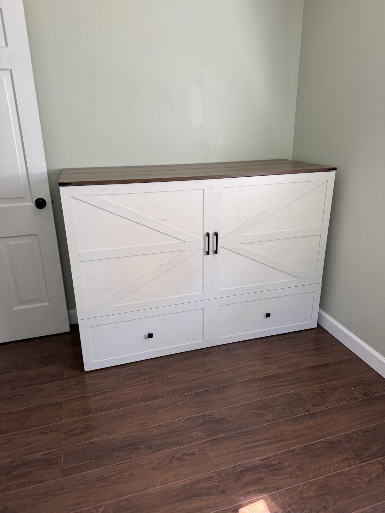 AMERLIFE Twin Murphy Bed Cabinet with Charging Station and Storage Drawer, Farmhouse Foldable Platform Bed for Home Office, Apartment, Small Spaces, Distressed White customer photo 1
