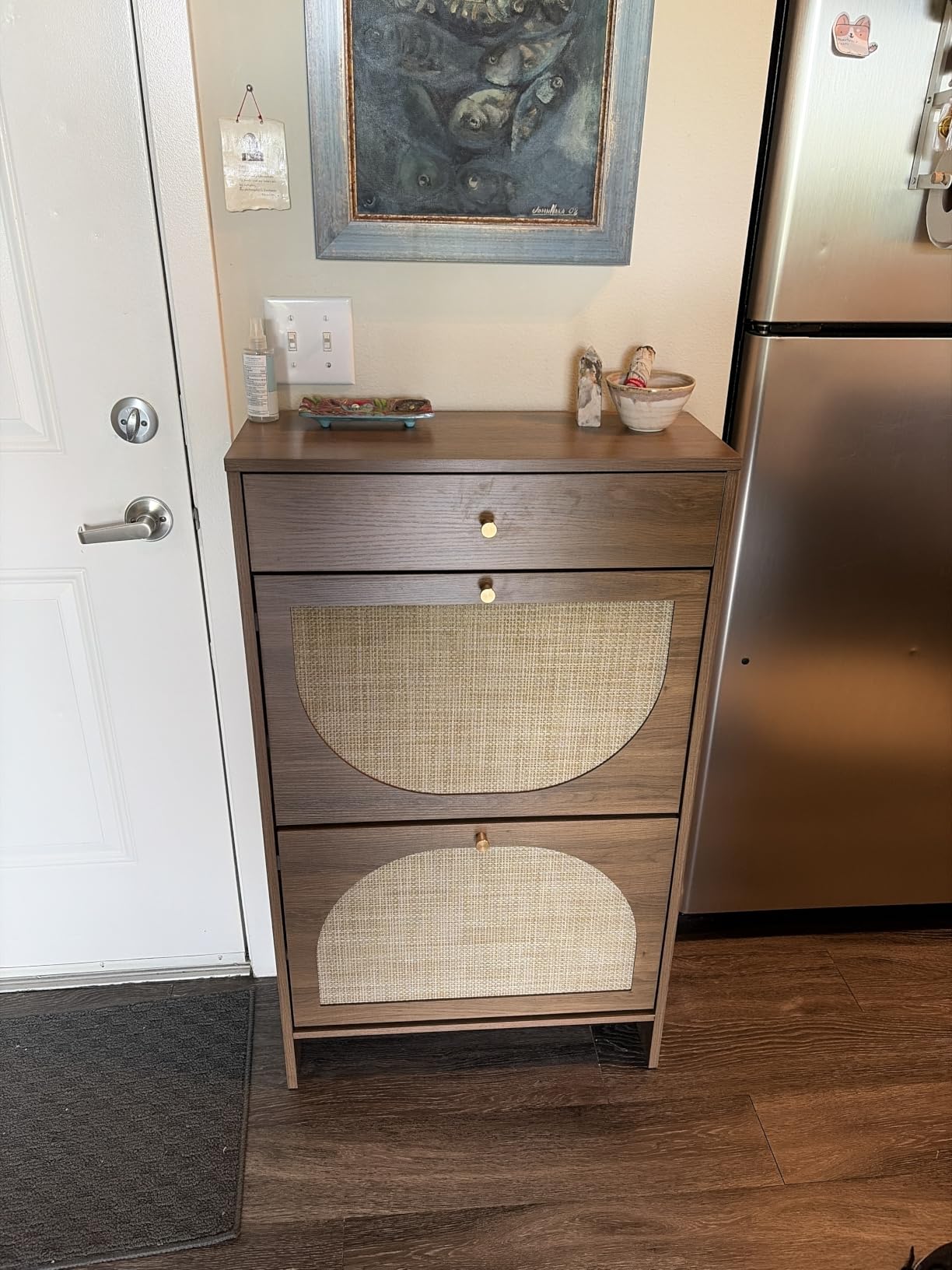 Freestanding Ultra Slim Arched Accent Entryway Shoe Storage - 4 Flip Drawers & 3-Tier Adjustable Shelves, Modern Slim Shoe Cabinet for Hallway, Foyer (flip Down Shoe Cabinet | Amber Oak) customer photo 1