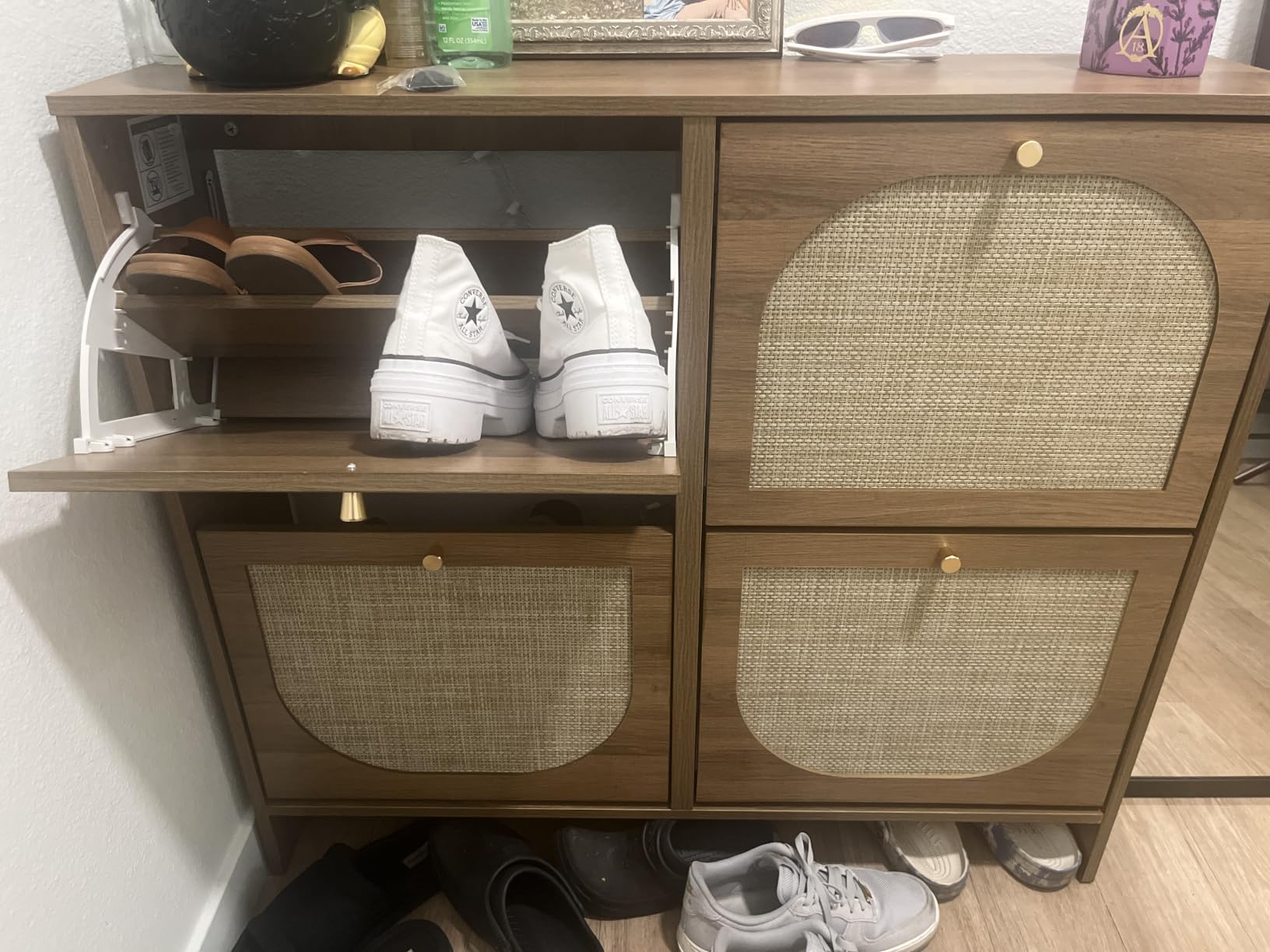 Freestanding Ultra Slim Arched Accent Entryway Shoe Storage - 4 Flip Drawers & 3-Tier Adjustable Shelves, Modern Slim Shoe Cabinet for Hallway, Foyer (flip Down Shoe Cabinet | Amber Oak) customer photo 2