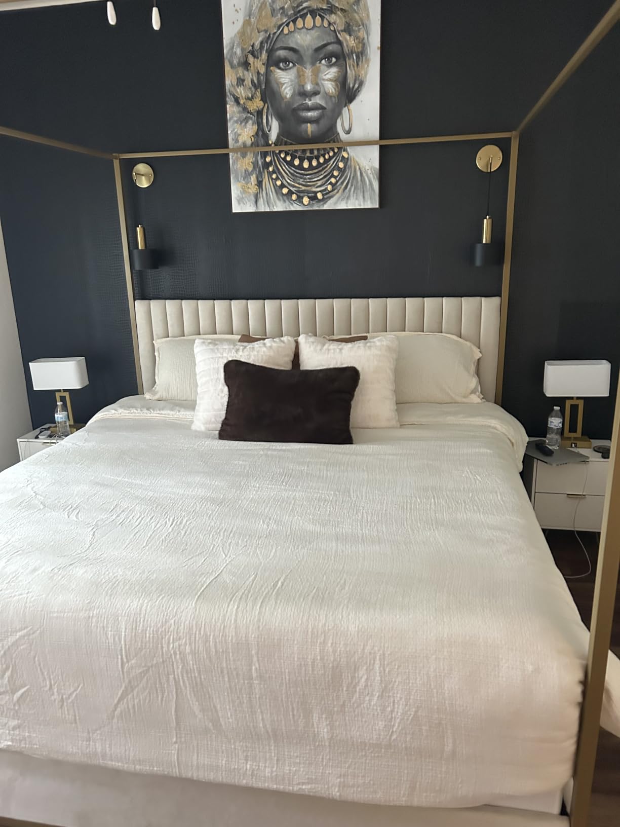 LUMISOL Queen Size Upholstered Canopy Bed, 4-Poster Platform Bed with Tall Headboard, Velvet Upholstered Canopy Bed with Metal Posts & Wood Slats Support, No Box Spring Needed, Black + White customer photo 1